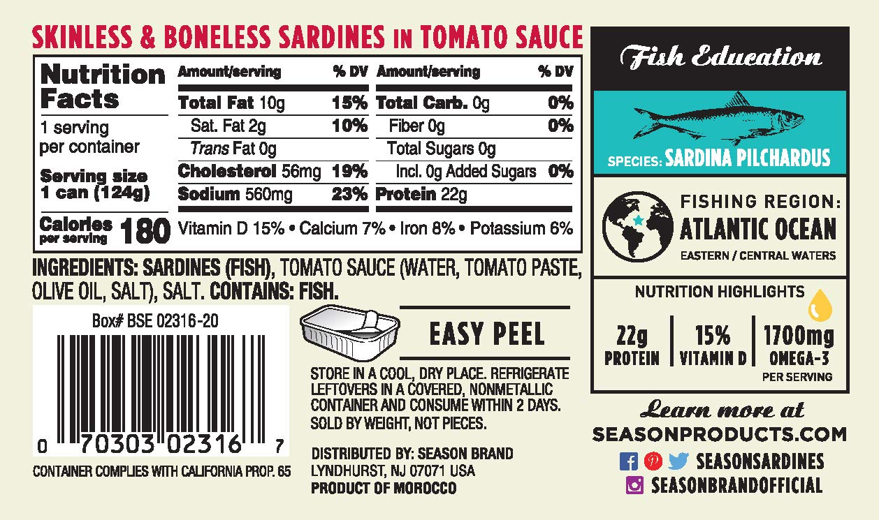 Season Sardines in Tomato Sauce - Skinless & Boneless, Wild Caught, 22g of Protein, Keto Snacks, More Omega 3s Than Tuna, Koshe