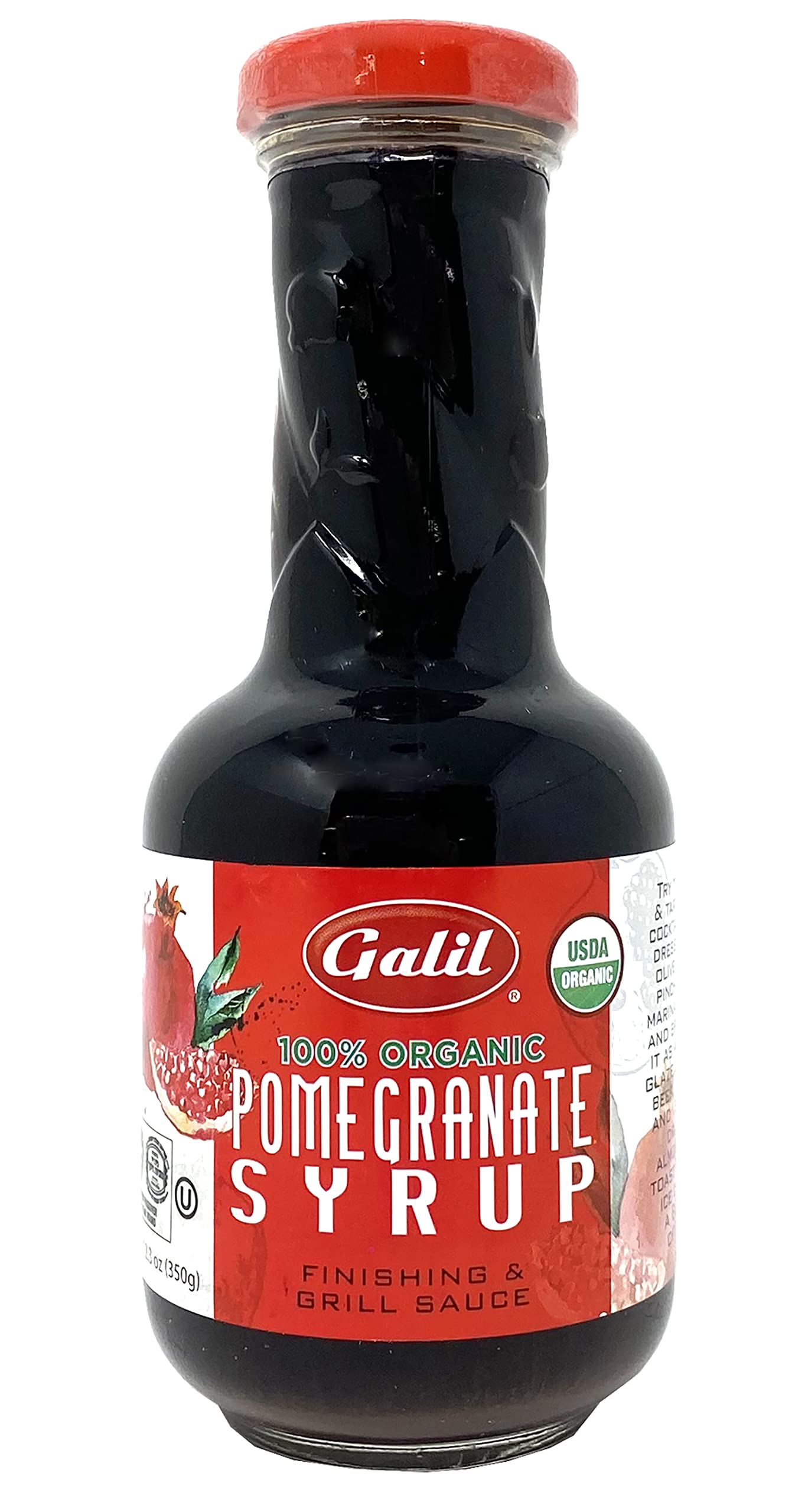 Galil USDA Organic Pomegranate Molasses 100% Concentrated Pomegranate Juice 12.3 Ounce - No Sugar Added, Vegan, Gluten-Free, Pre