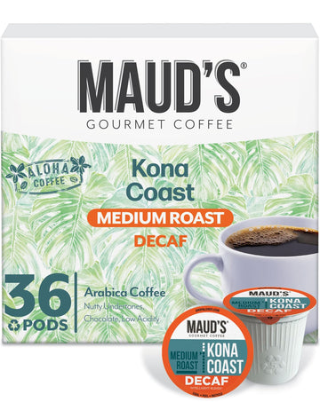 Maud's Decaf Kona Coffee Pods, 36 ct, Decaffeinated Medium Roast Coffee in Recyclable Single Serve Pods - 100% Arabica Coffee, C