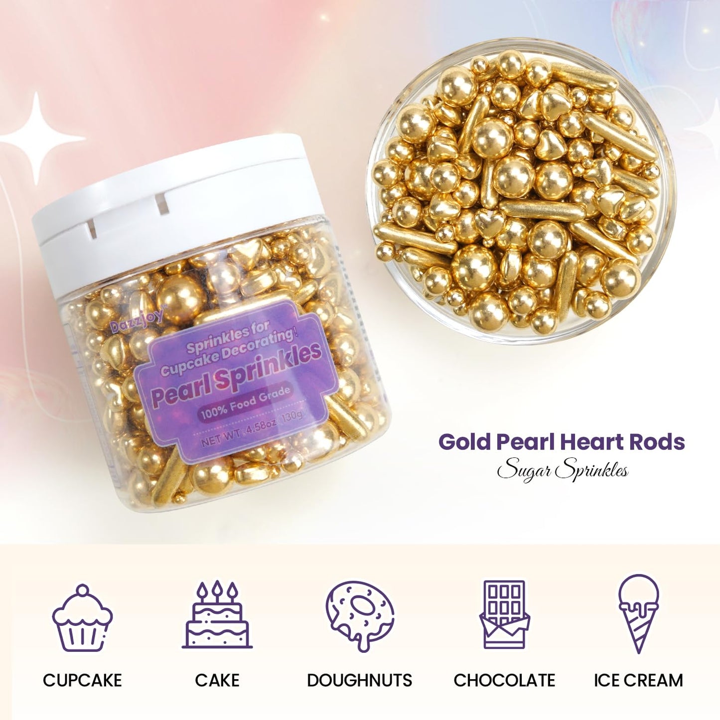 Dazzjoy Edible Gold Pearl Heart Rods Sprinkles, 130G/4.58Oz, Mix Size, Gold Pearl Sprinkles For Cupcake Decorating, Cupcake Topp