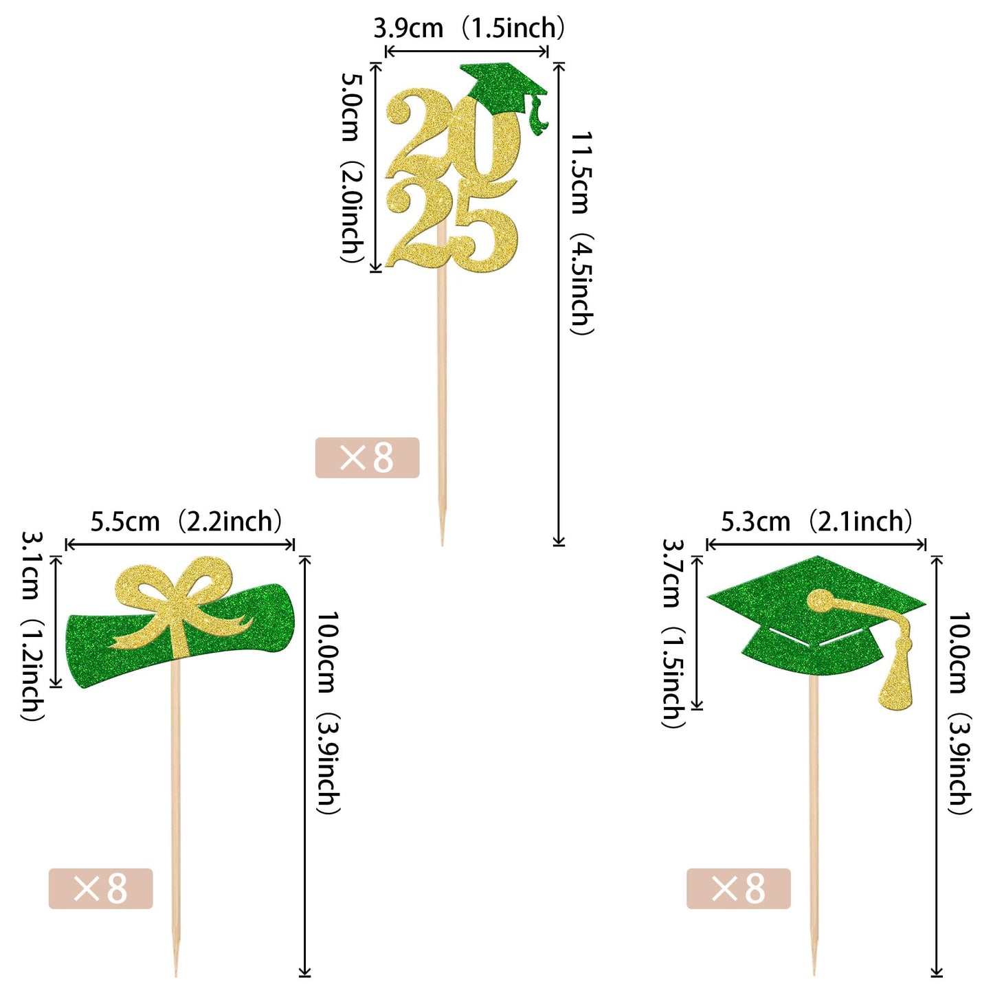 ZHUOWEISM 24 PCS Graduation Cupcake Toppers Glitter Diploma Grad Cap Decorations Gold Green