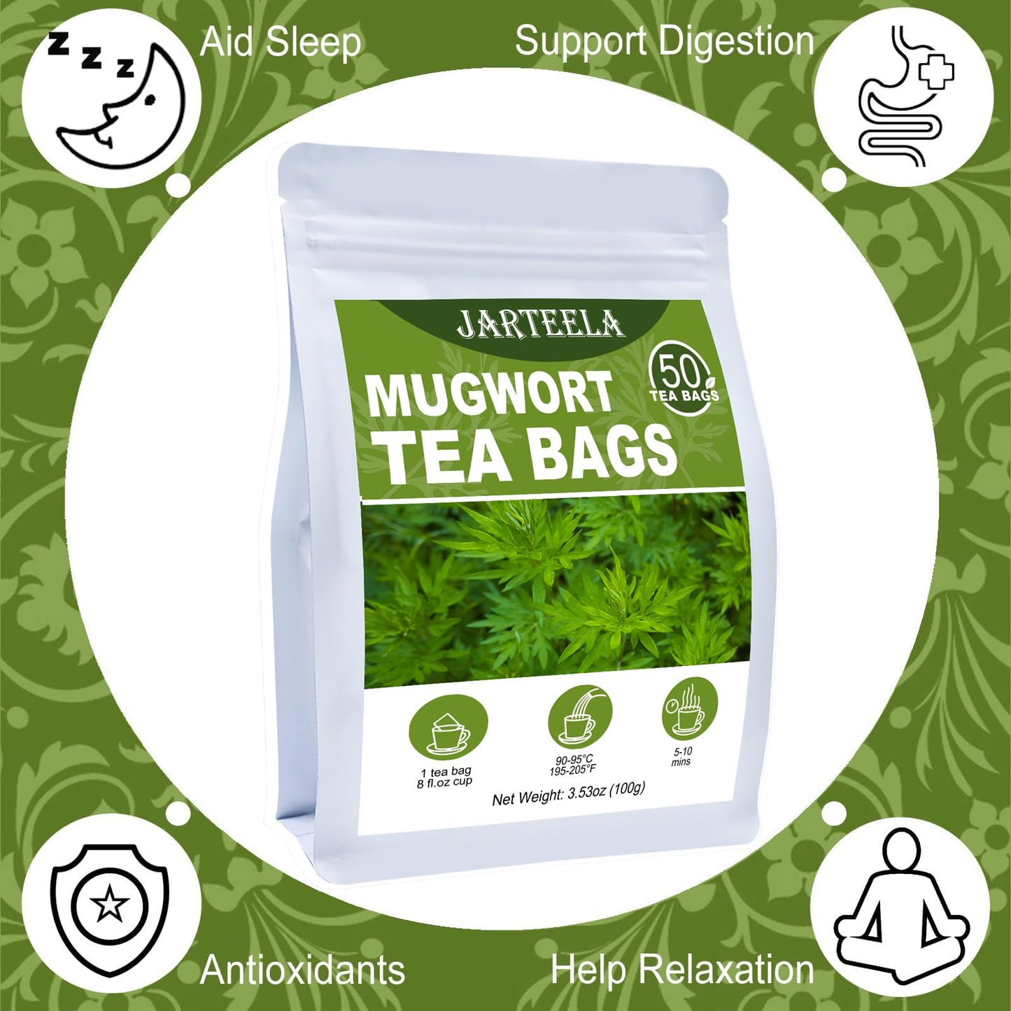 Jarteela Mugwort Tea Bags - Natural Herbal Tea for Digestion, Caffeine-Free, Non-GMO, 50 Count