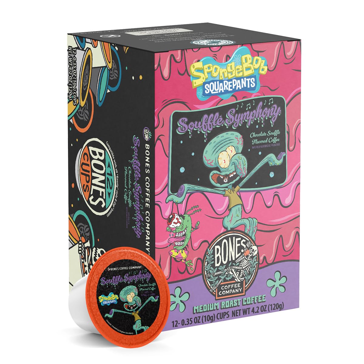 Bones Coffee Company Flavored Coffee Bones Cups Soufflé Symphony Flavored Pods Chocolate Soufflé Flavor | 12Ct Single-Serve Coffee Pods Spongebob Inspired Coffee