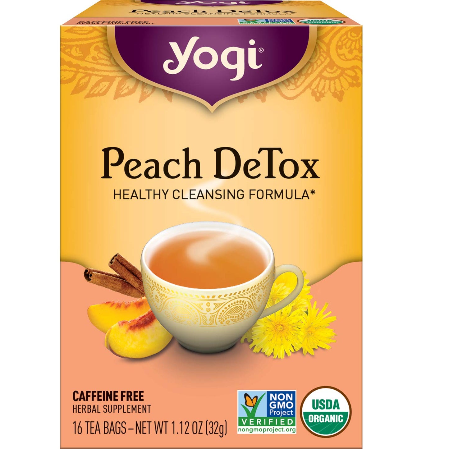 Yogi Tea Peach DeTox - 16 Bags per Pack (4 Packs) - Organic DeTox Tea to Feel Refreshed - Includes Cinnamon Bark, Ginger Root, C