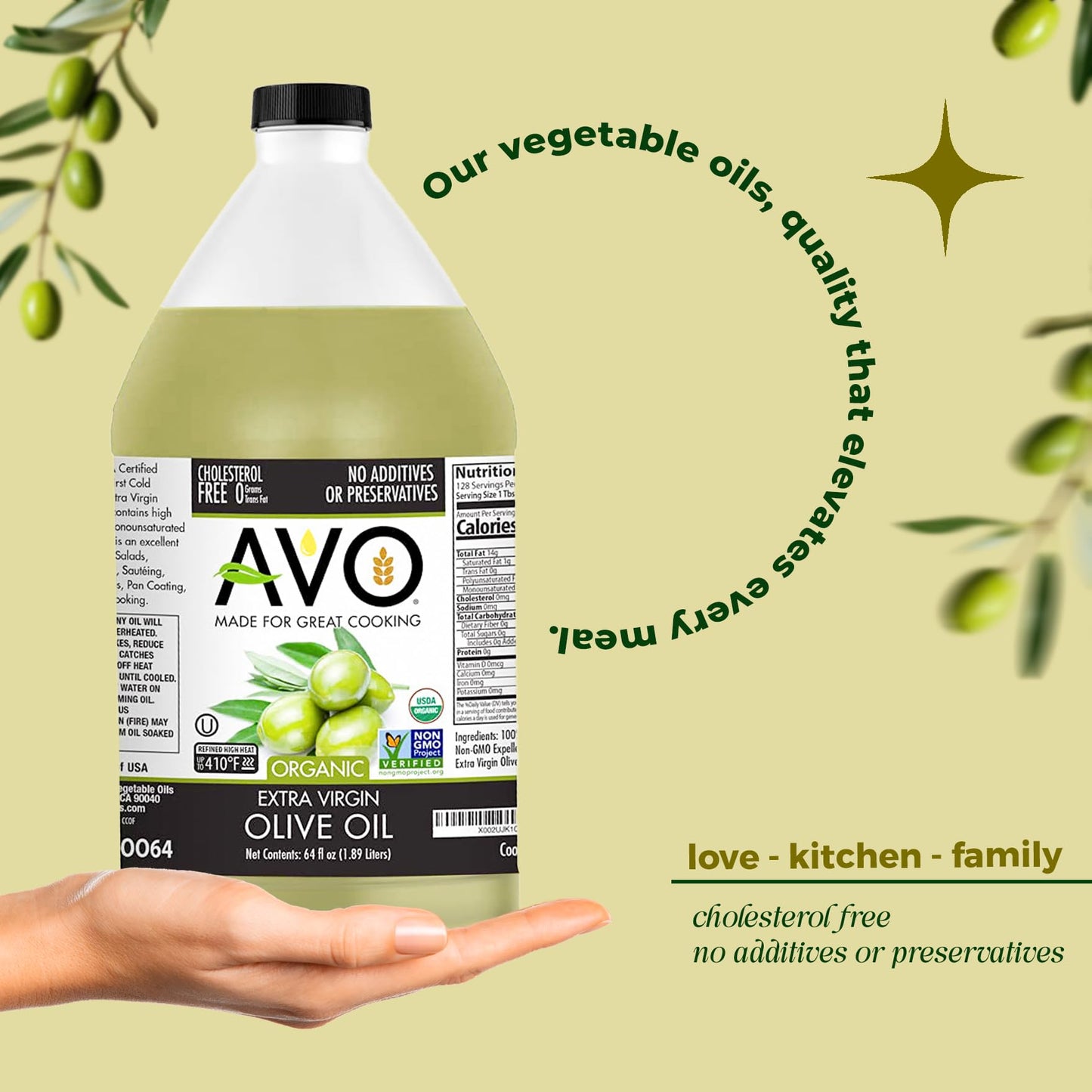 AVO ORGANIC 100% EXTRA VIRGIN OLIVE Oil, 64 Fl-oz (Half Gallon) NO preservatives added