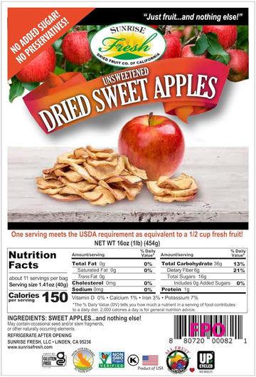 Sunrise Fresh No Sugar Added Dried Sweet Apples: Gluten-Free, Low-Calorie, No Preservatives, Unsulfured -1 Lb Resealable Bag Of Dehydrated Apple Slices - Delicious Dried Fruit For Healthy Snacking