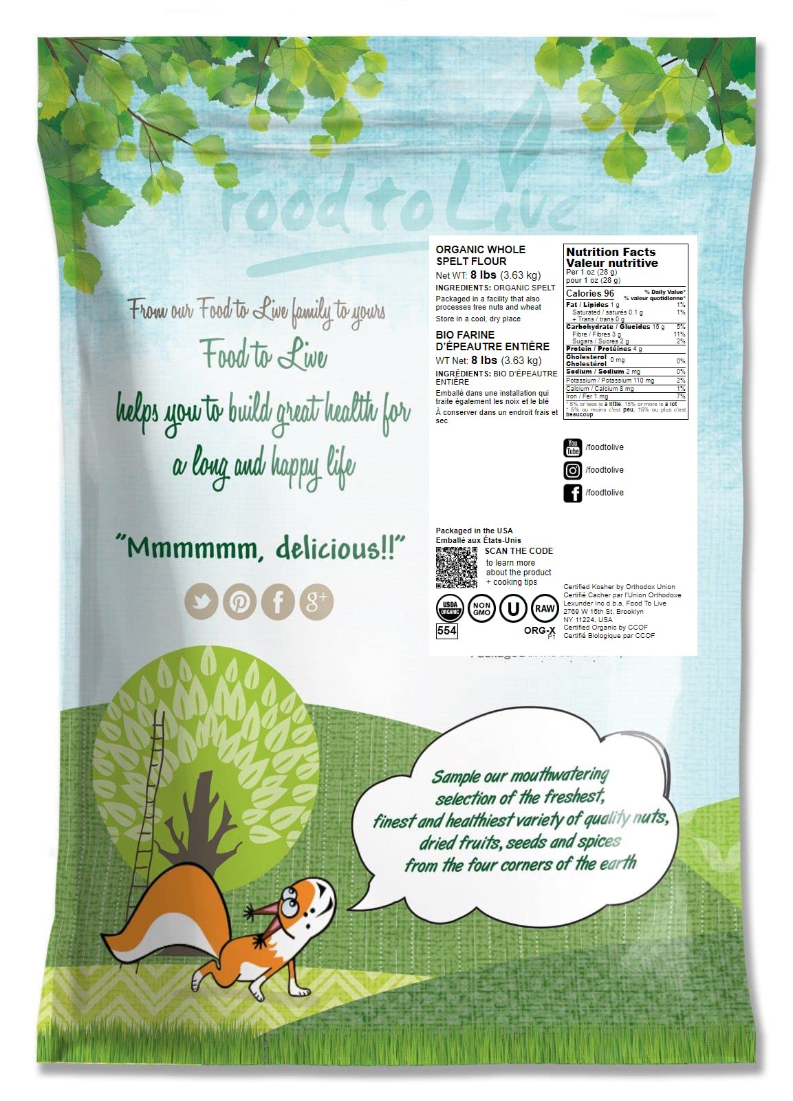 Food to Live Organic Spelt Flour, Whole Grain, Non-GMO, Vegan, 8 Pounds