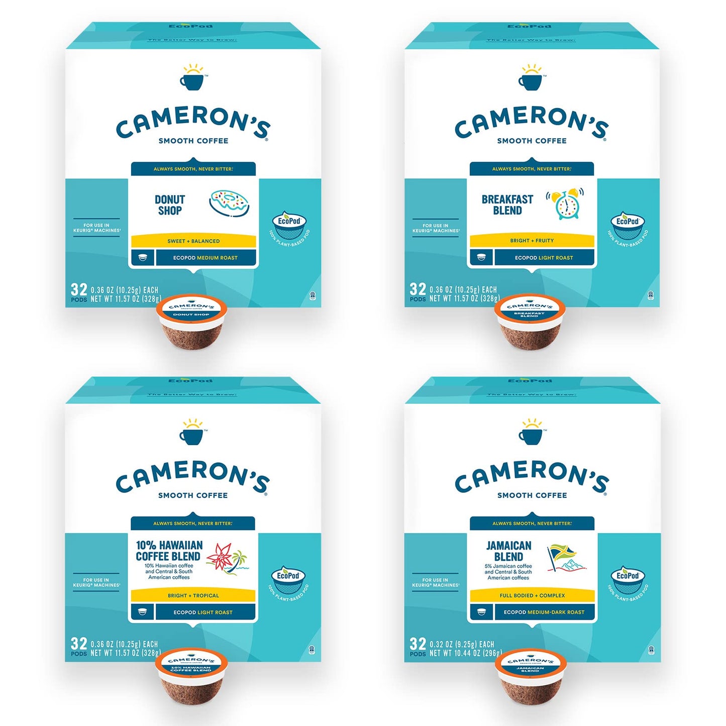 Camerons Coffee Single Serve Pods, Variety Pack Of Donut Shop, Breakfast Blend, 10% Hawaiian Blend, Jamaican Blend, 128 Count