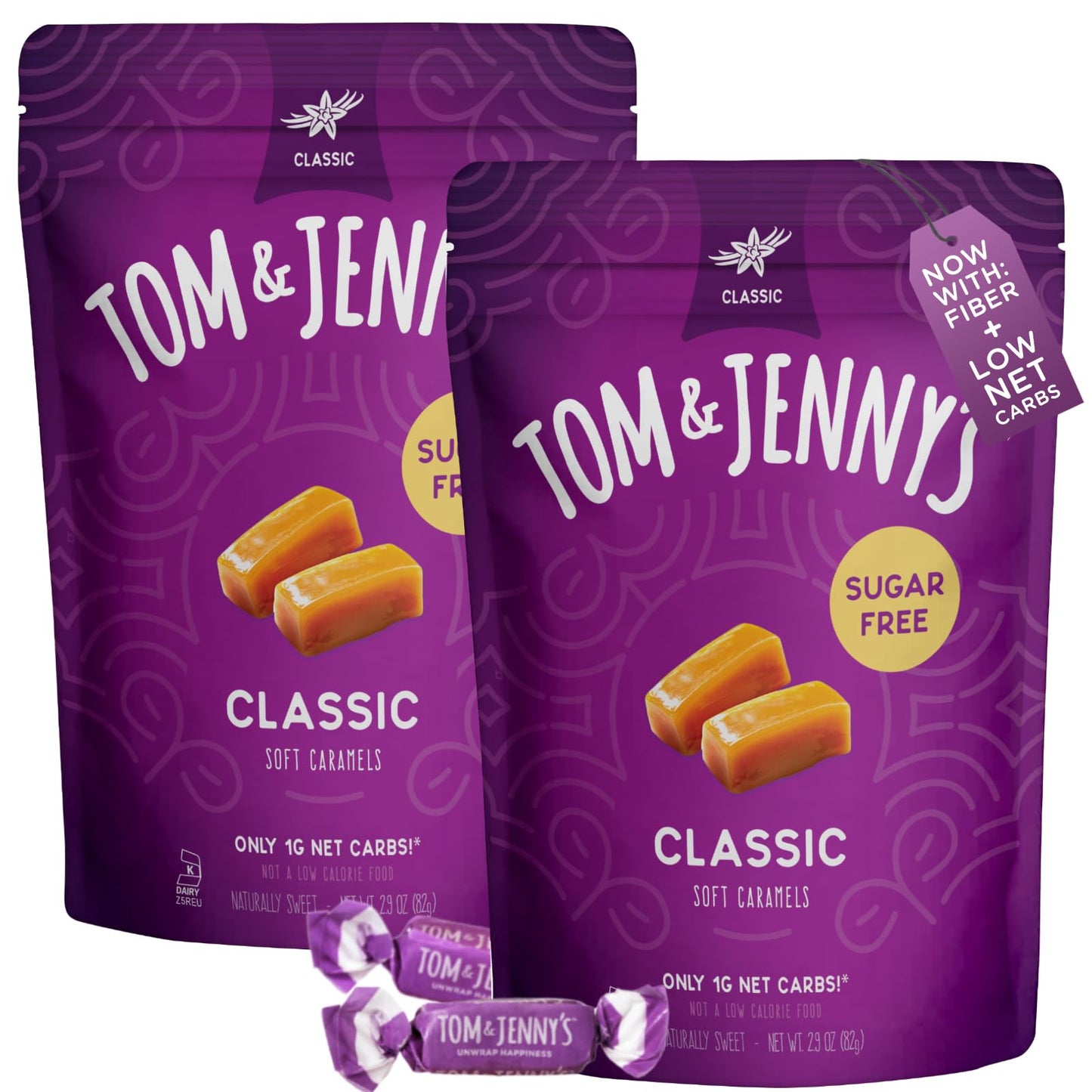 Tom & Jennys Sugar Free Candy (Soft Caramel) With Sea Salt And Vanilla - Low Net Carb Keto Candy - With Allulose And Maltitol - (Classic Caramel, 2-Pack)