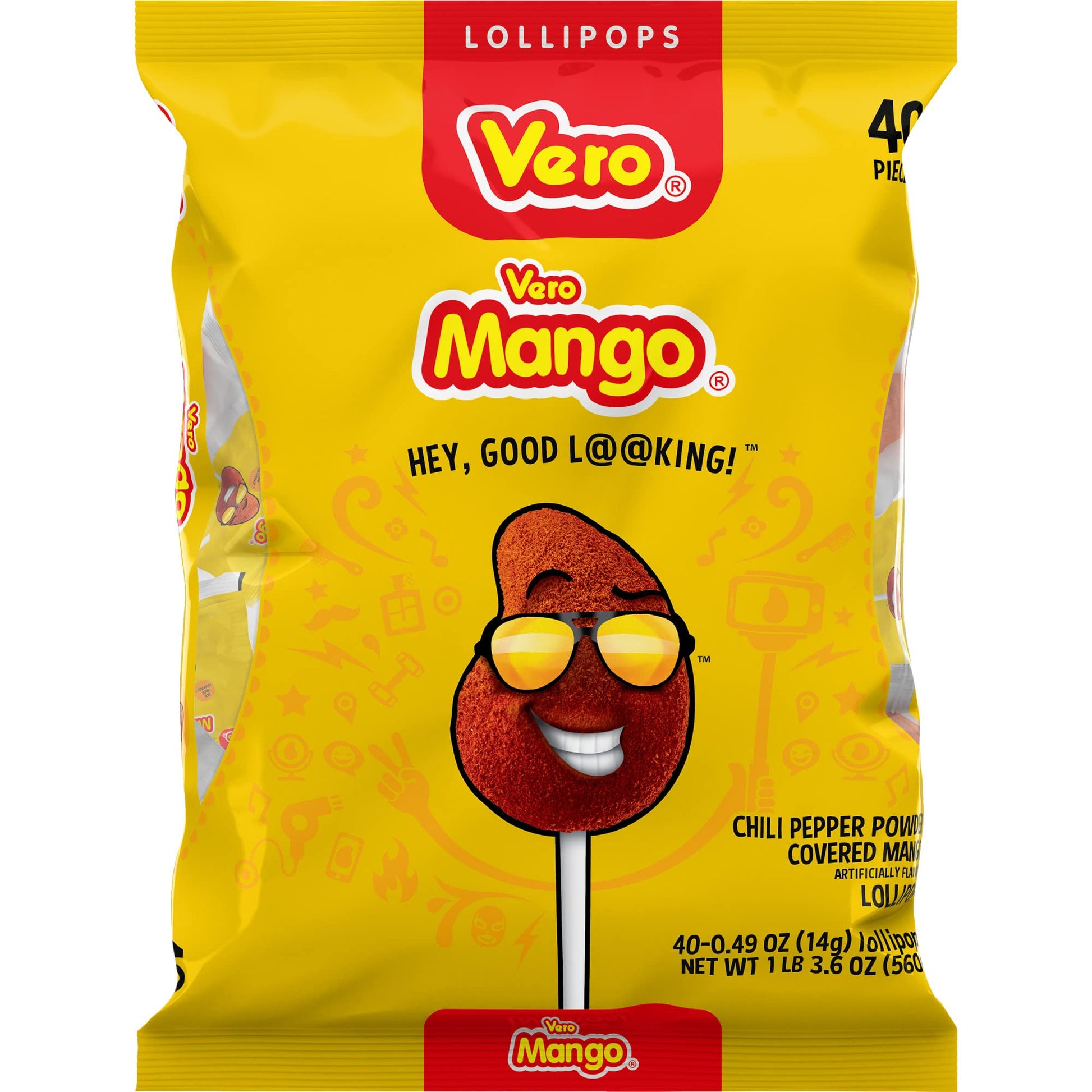Vero Mango Lollipops Coated with Chili Powder, Hot and Sweet Candy Treat, Artificially Flavored, Net Wt. 19.7 Ounces, 40 Count B