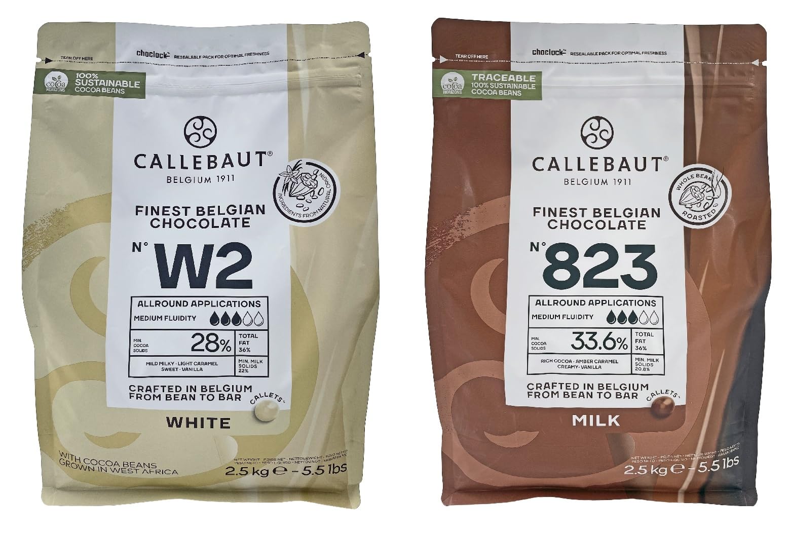 Callebaut Belgian Chocolate Callets | 2 Pack of 5.51 Bags (2.5KG) (Milk Chocolate/White Chocolate)