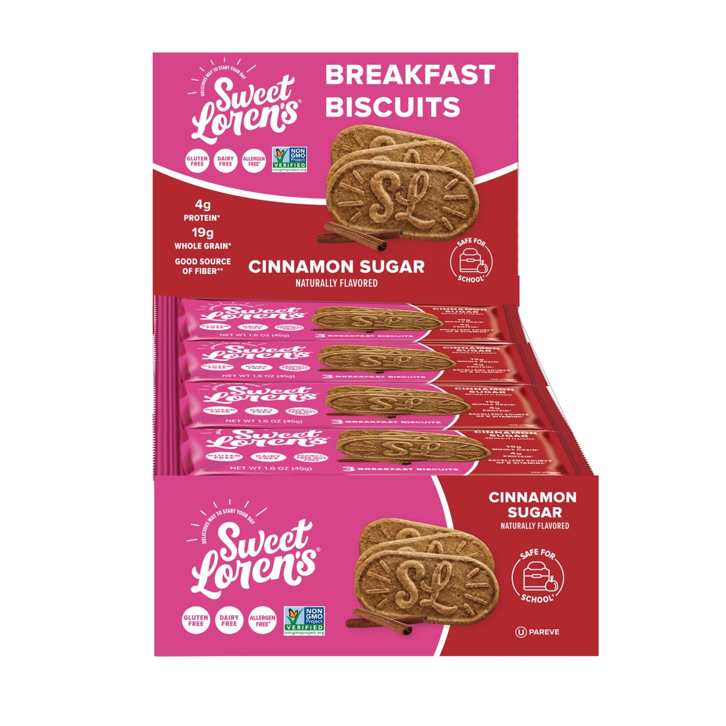 Sweet Lorens Vegan Breakfast Biscuits | Cinnamon Sugar | 4g Protein  19g Whole Grains | Plant Based  Gluten Free  Dairy Free  Nut Free Snacks | Grab & Go 8 Pack (24 Total Biscuits  1.6 ounce each)