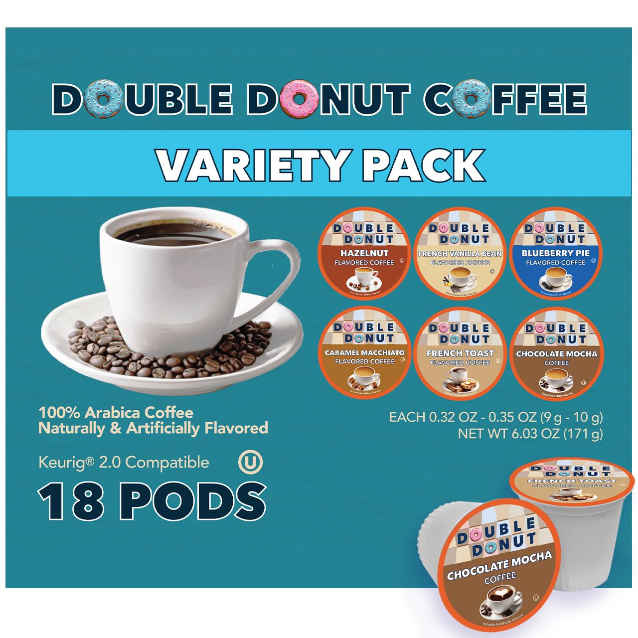 Double Donut Coffee Variety Pack - Coffee Pods for Keurig - Hazelnut, Caramel, Chocolate - 18 Count