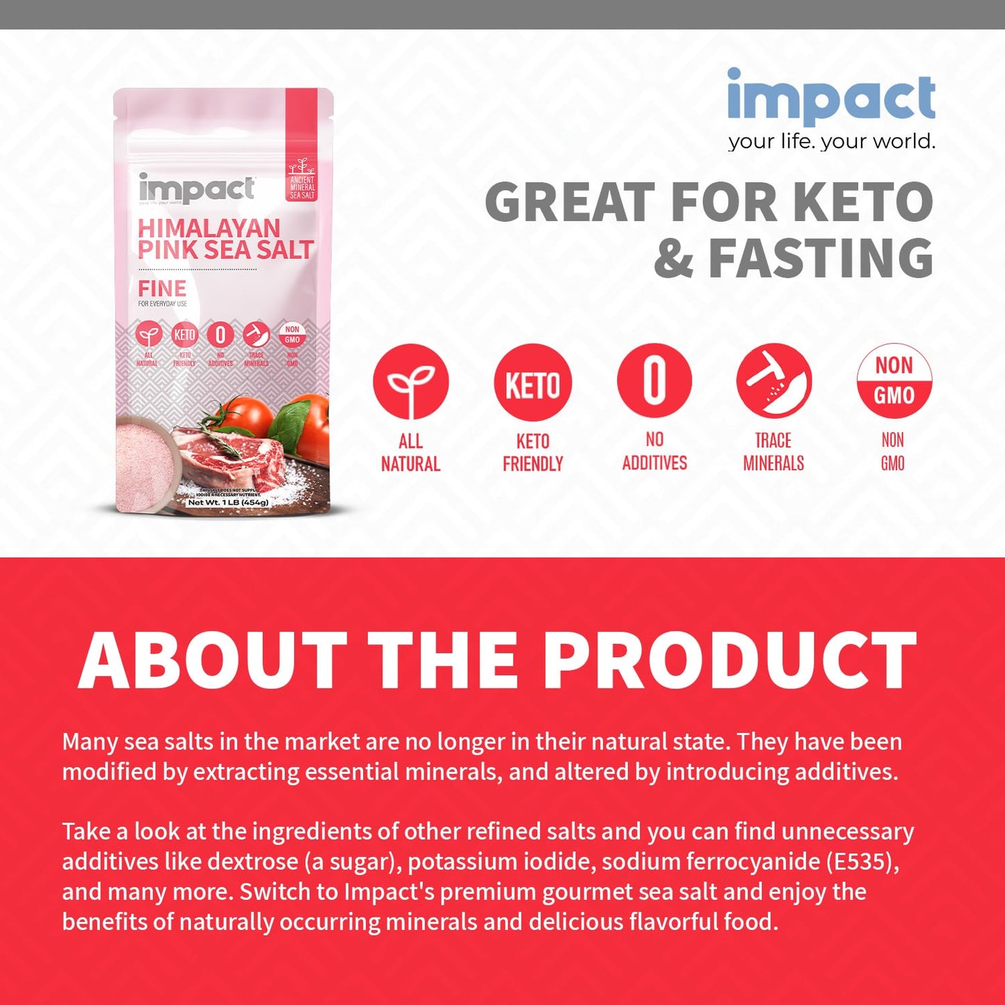 Impact Himalayan Pink Sea Salt, Non-GMO, Gluten-Free, 1lb Pouch, Rich in Trace Minerals