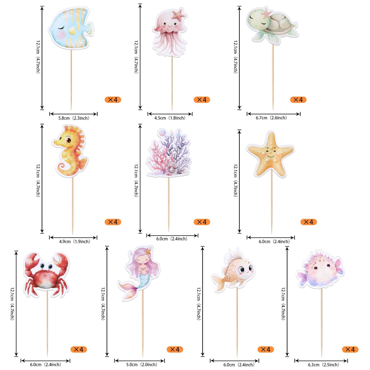 ZHUOWEISM Ocean Animal Cupcake Toppers, 40 PCS Sea Theme Decorations, Turtles, Octopus, Mermaid, Design 8
