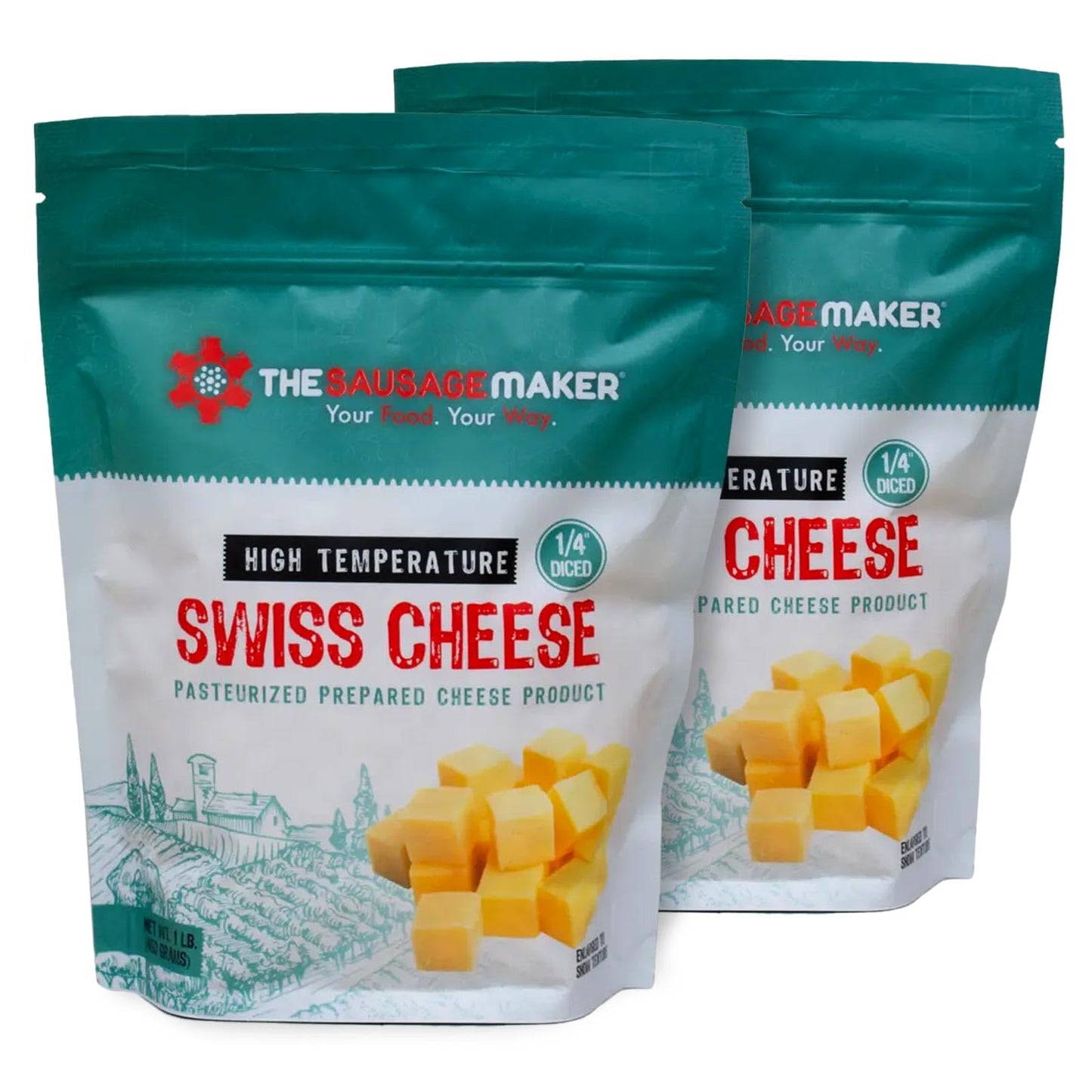 The Sausage Maker High Temp Swiss Cheese 2 lbs Diced Cubes for Sausage Making, 400°F Heat Resistant