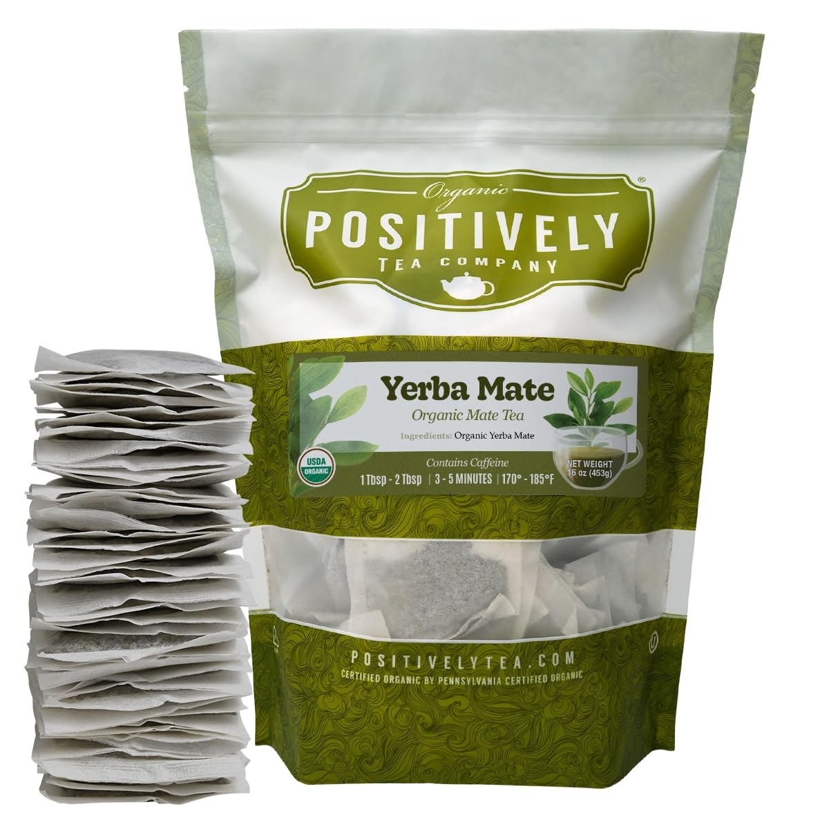 Organic Positively Tea Company Yerba Mate Tea Bags, Unsmoked, Eco-Friendly, 100 Count