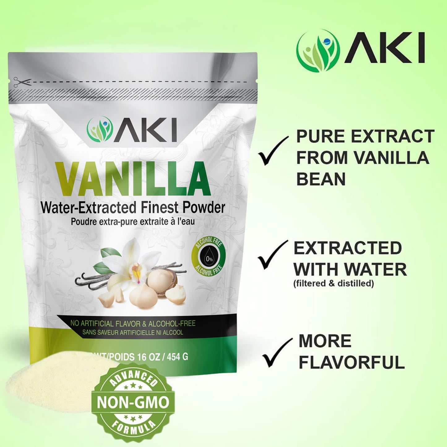 Aki Vanilla Extract Powder From Authentic Beans For Delicious Flavoring, Cooking, Baking, Drinks, Tea, Coffee, Smoothies, Cocktails - Sugar-Free &  -Free (454G/1Lb)