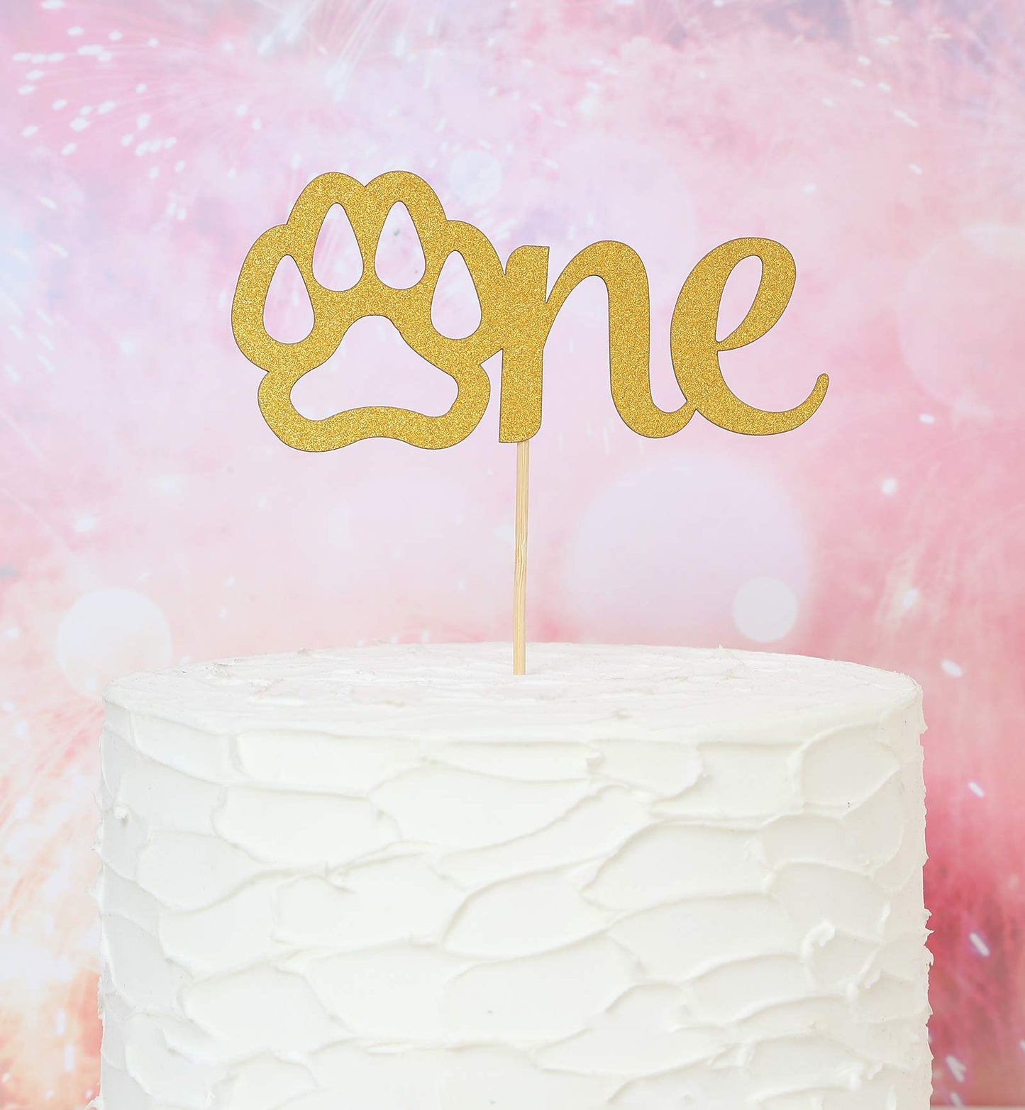 Gold Paw One Cake Topper - Golden Glitter Cardstock 1st Birthday Cake Smash Party Decoration Supplies for Baby, Single Sided Dog