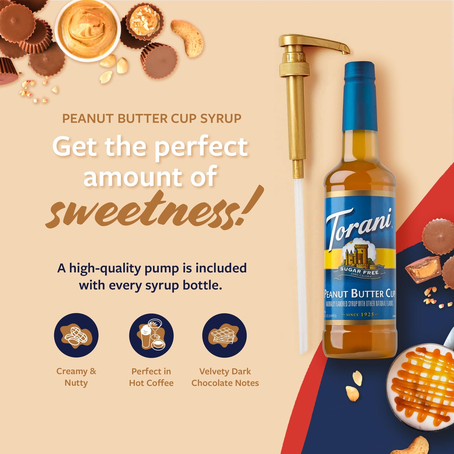 Torani Sugar Free Coffee Syrup, Peanut Butter Cup For Drinks, Zero Calorie, Pump Included, 25.4 Fl Oz