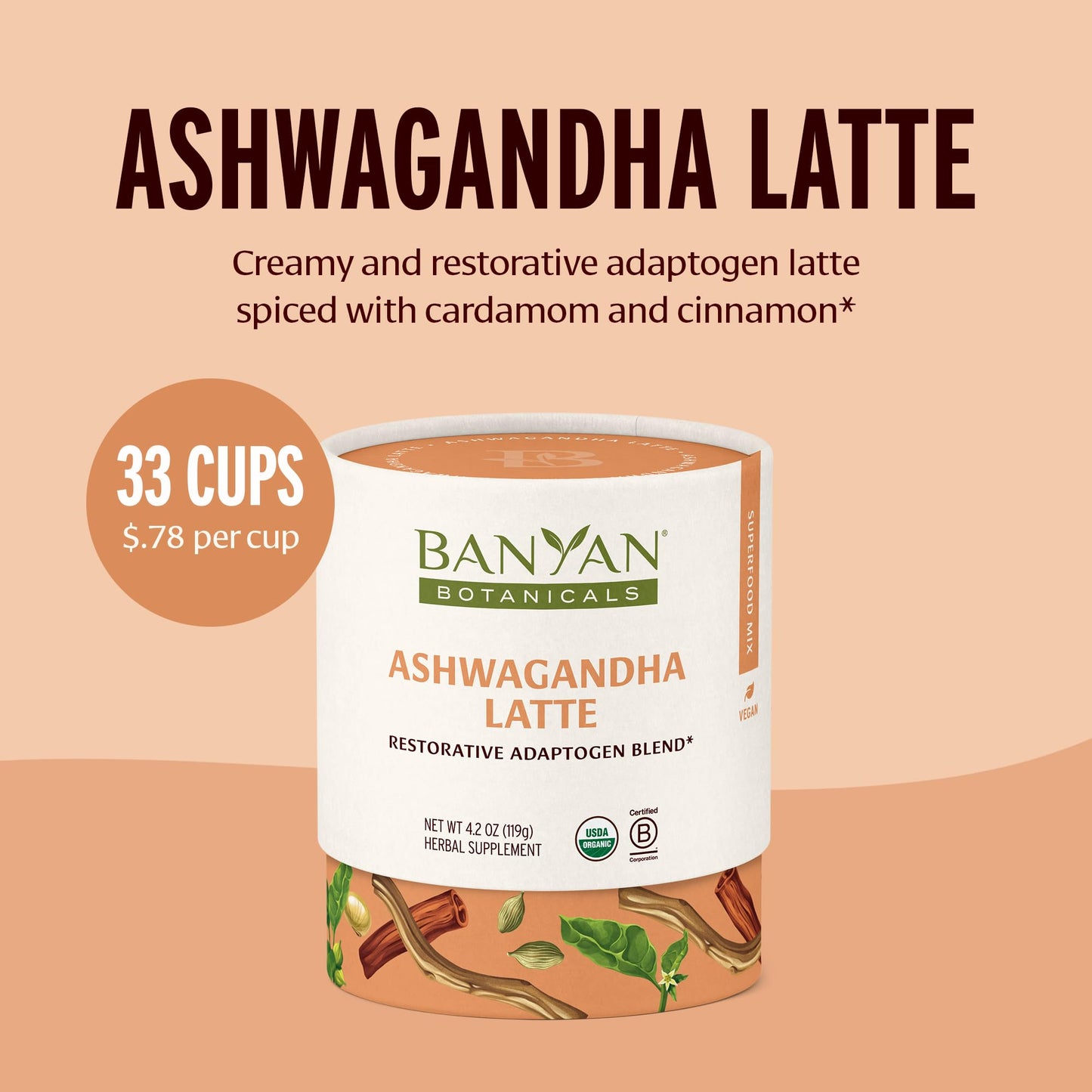 Banyan Botanicals Ashwagandha Latte Mix – Organic, Caffeine-Free Herbal Drink – 4.2 oz – Vegan, Non-GMO