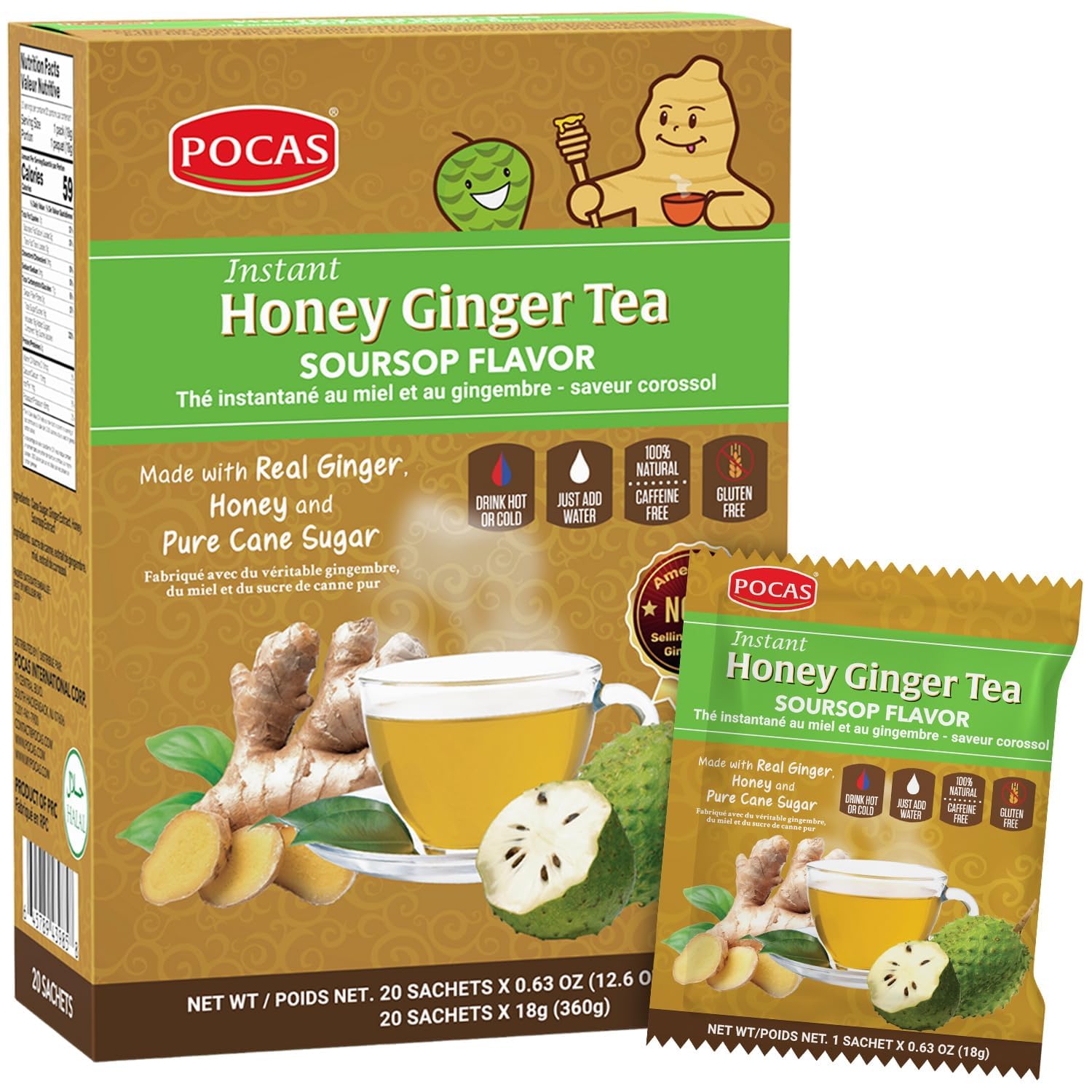 Pocas Honey Ginger Instant Tea Powder, Soursop Flavor, Caffeine-Free, 20 Packets