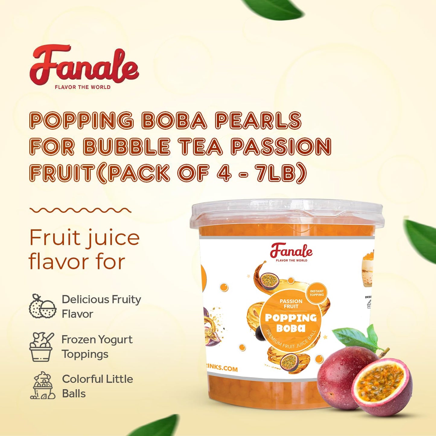 Fanale Popping Boba Pearls For Bubble Tea - 7 Pound (Pack Of 4) | Passion Fruit | Bursting Boba Pearls Bubble | Fruit Juice Flav