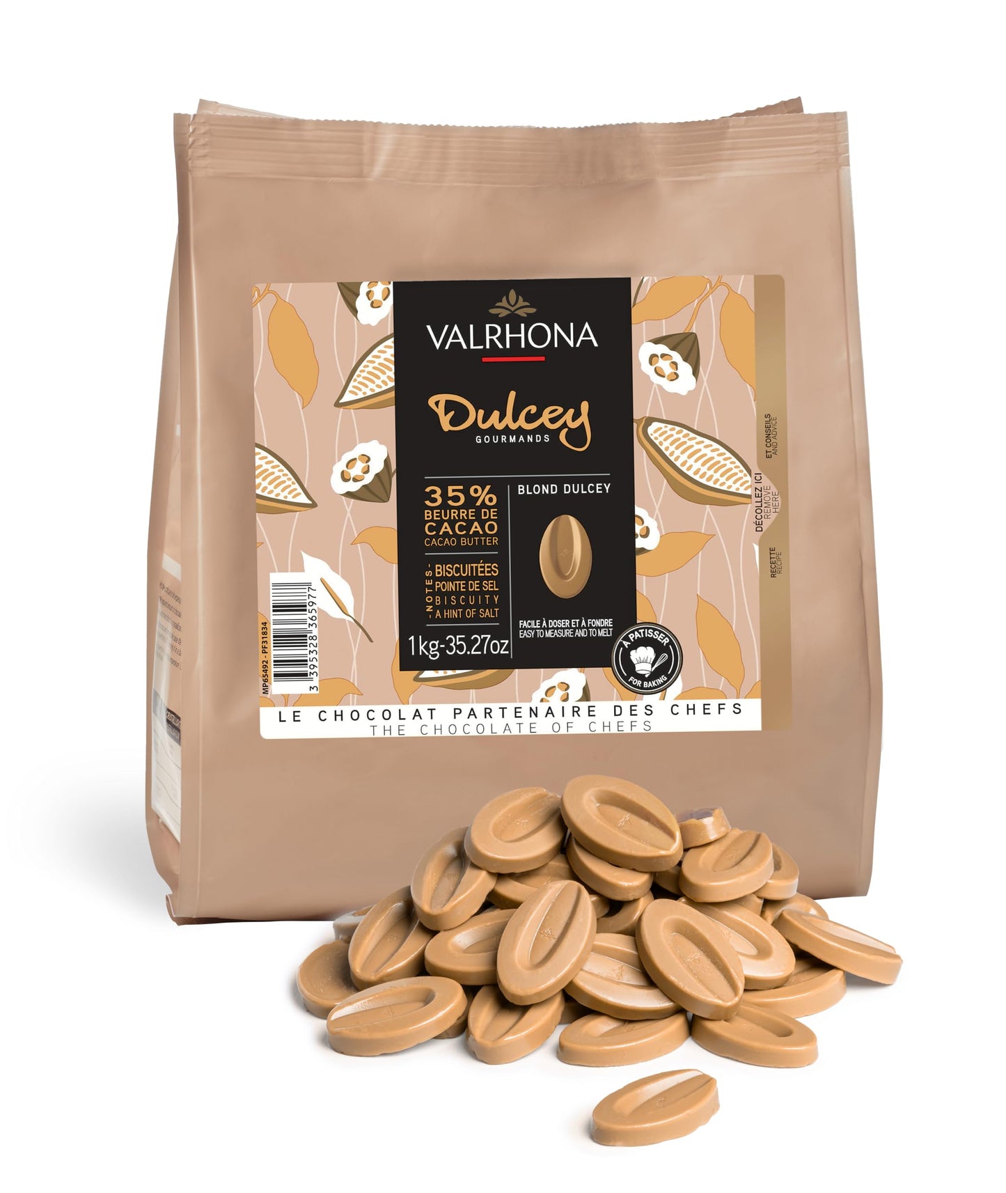 Valrhona Premium French Baking Blonde Chocolate Discs (Feves). DULCEY 35% Cacao. Creamy, Caramel Cookie Flavor Notes. Easy Melt 