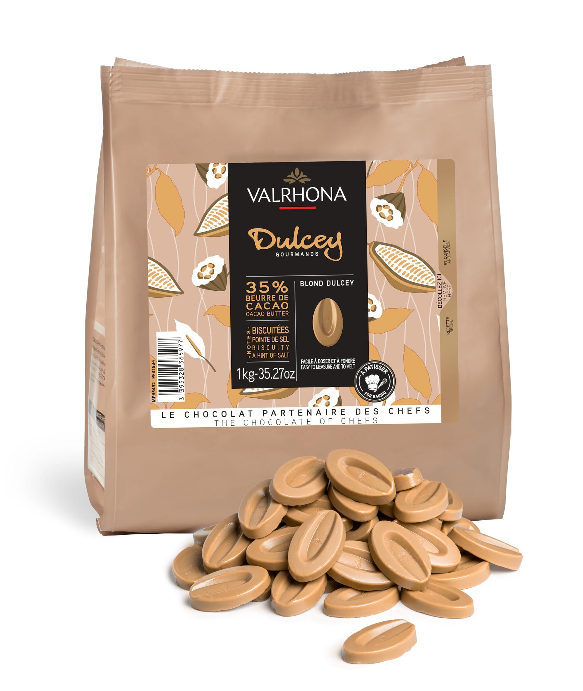 Valrhona Premium French Baking Blonde Chocolate Discs (Feves). DULCEY 35% Cacao. Creamy, Caramel Cookie Flavor Notes. Easy Melt 