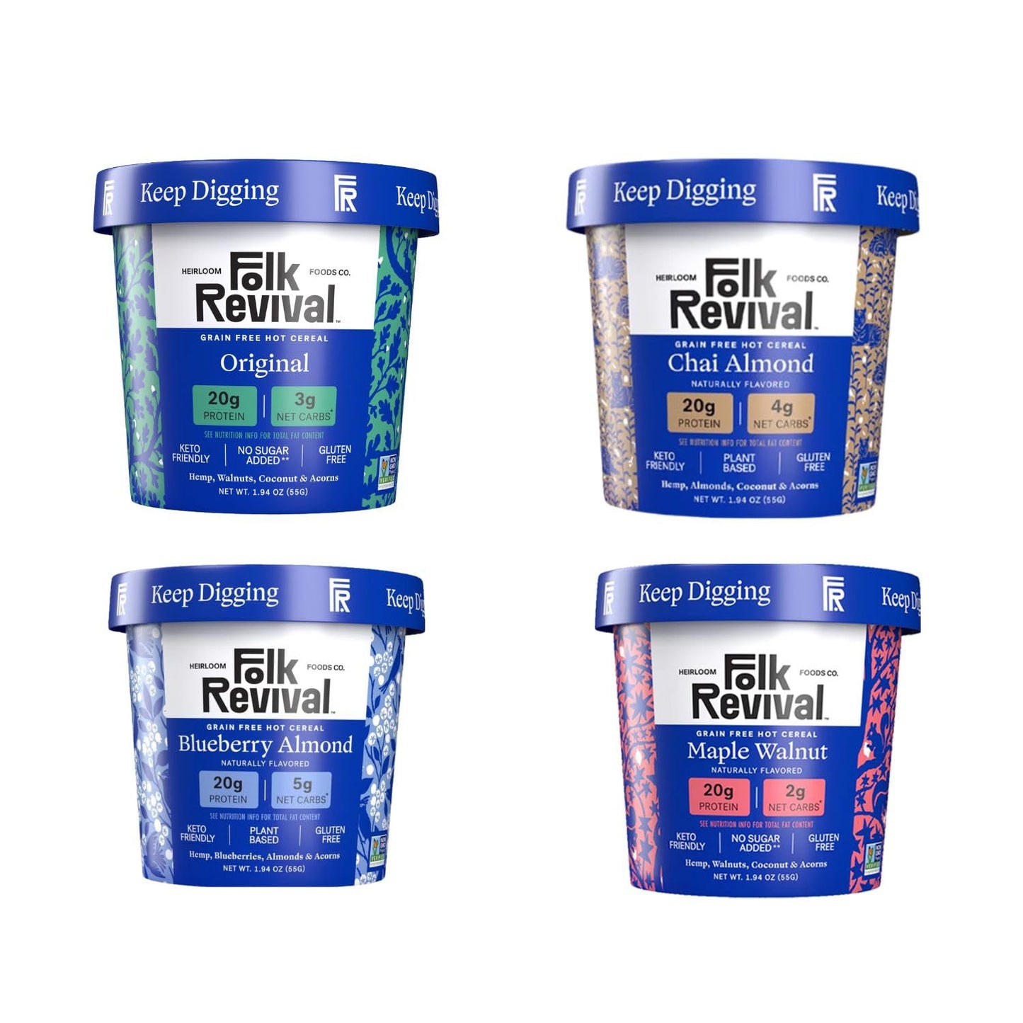Folk Revival Keto Instant Oatmeal Variety Pack - 20G Of Protein, Low Carb, High Fiber, 3 Blueberry, 3 Maple Walnut, 3 Chai Almon