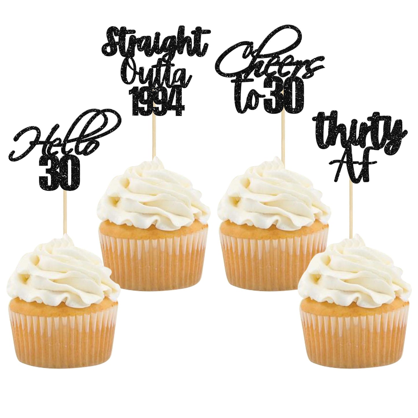 Gyufise 48 Pack Black Glitter Hello 30 Cupcake Toppers Glitter Thirty Cheers To 30 Straight Outta 1994 Cupcake Picks For 30Th Bi