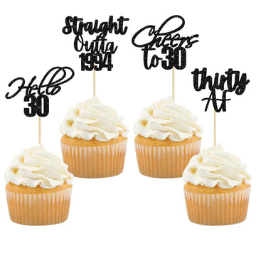 Gyufise 48 Pack Black Glitter Hello 30 Cupcake Toppers Glitter Thirty Cheers To 30 Straight Outta 1994 Cupcake Picks For 30Th Bi