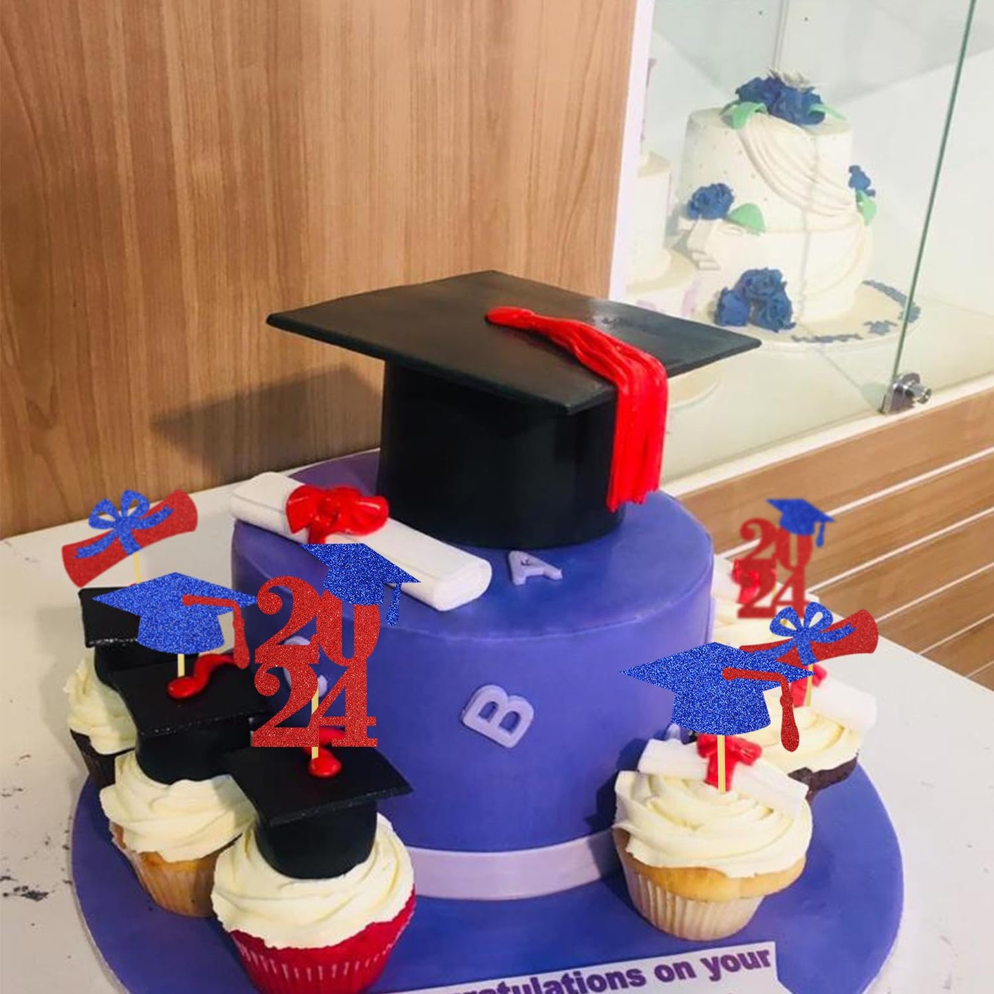 Graduation Cupcake Toppers Grad Party Decoration Food Picks Congrats Glitter Diploma Cap School Colors Supplies 24 Pcs Red Blue