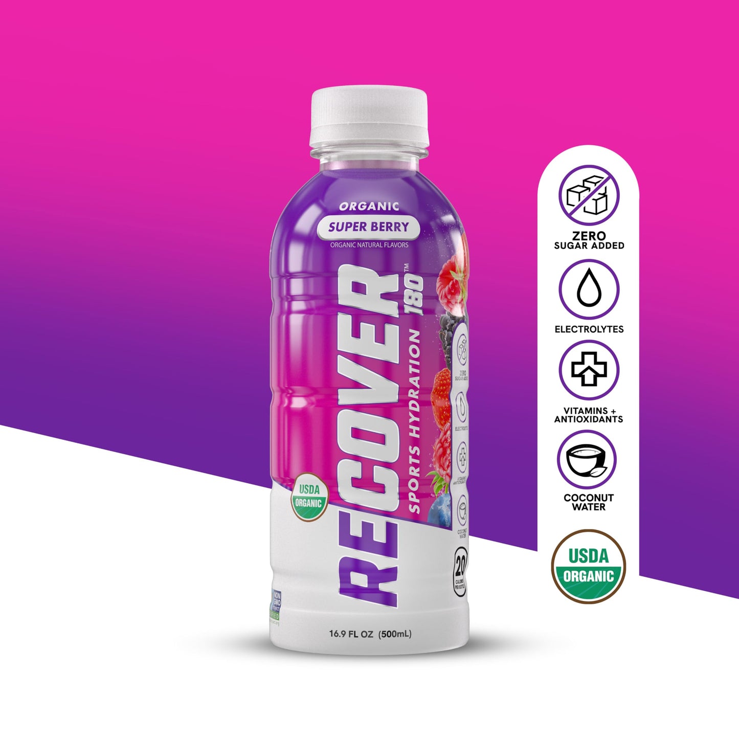 RECOVER 180 Organic Sports Hydration Drink, No Sugar Added, 15 Calories, 16.9 Fl Oz (Pack of 12), Super Berry Flavor