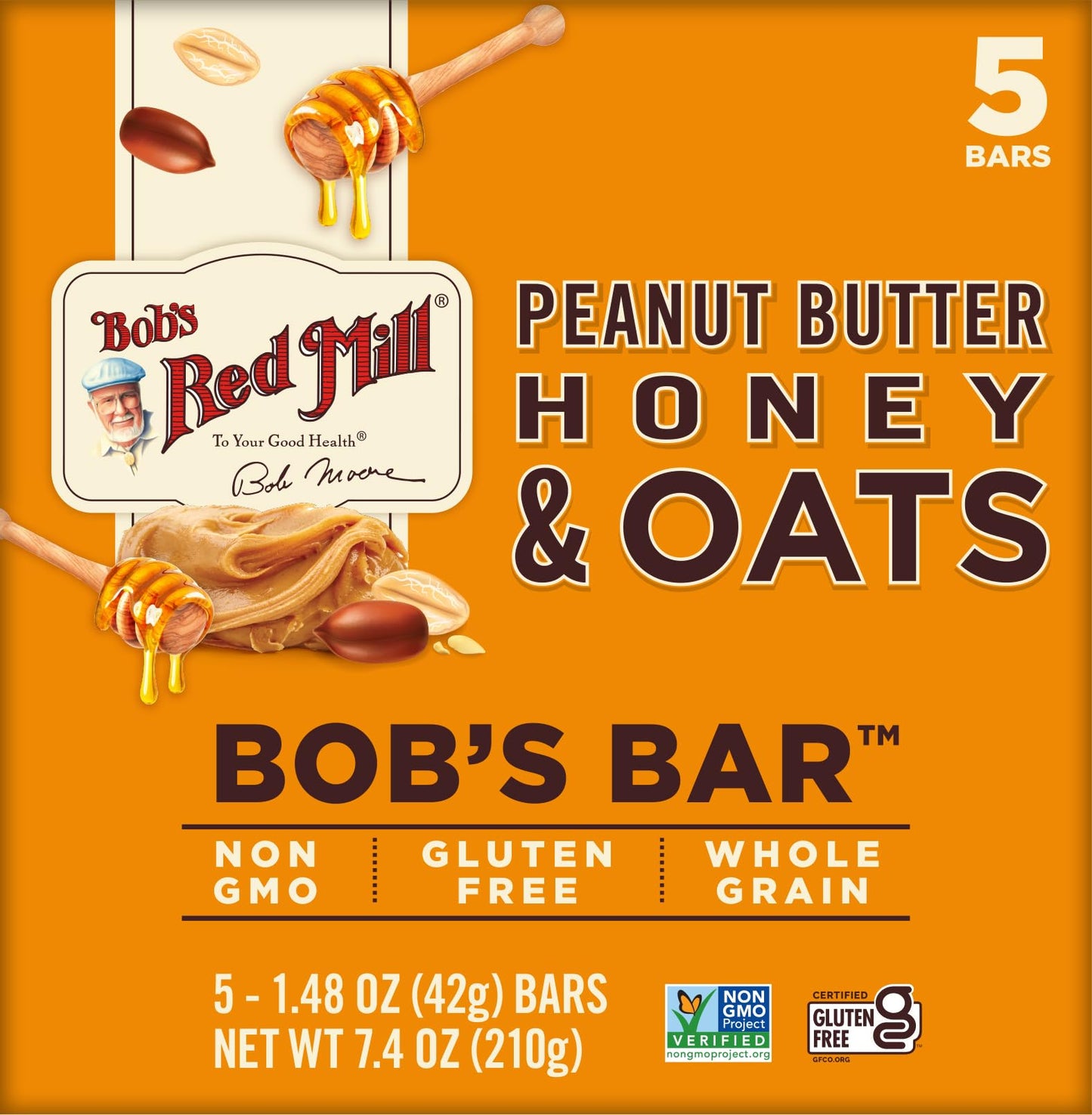 Bobs Red Mill PB Honey & Oats Bar - 5 Count, Non-GMO, Gluten Free, Kosher, Model P110880