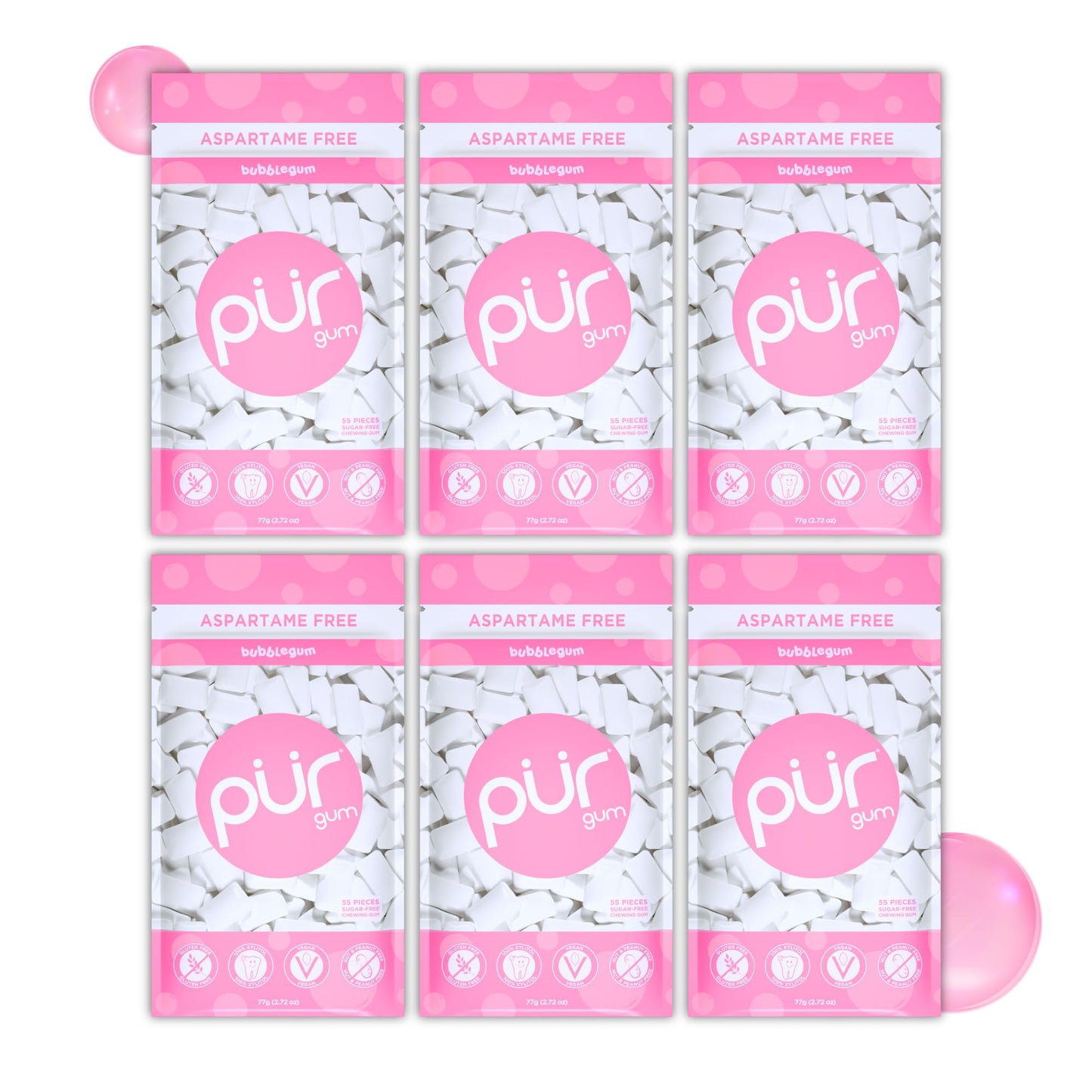 Pur Gum | Aspartame Free Chewing Gum | 100% Xylitol | Natural Bubblegum Flavored Gum, 55 Pieces (Pack Of 6)