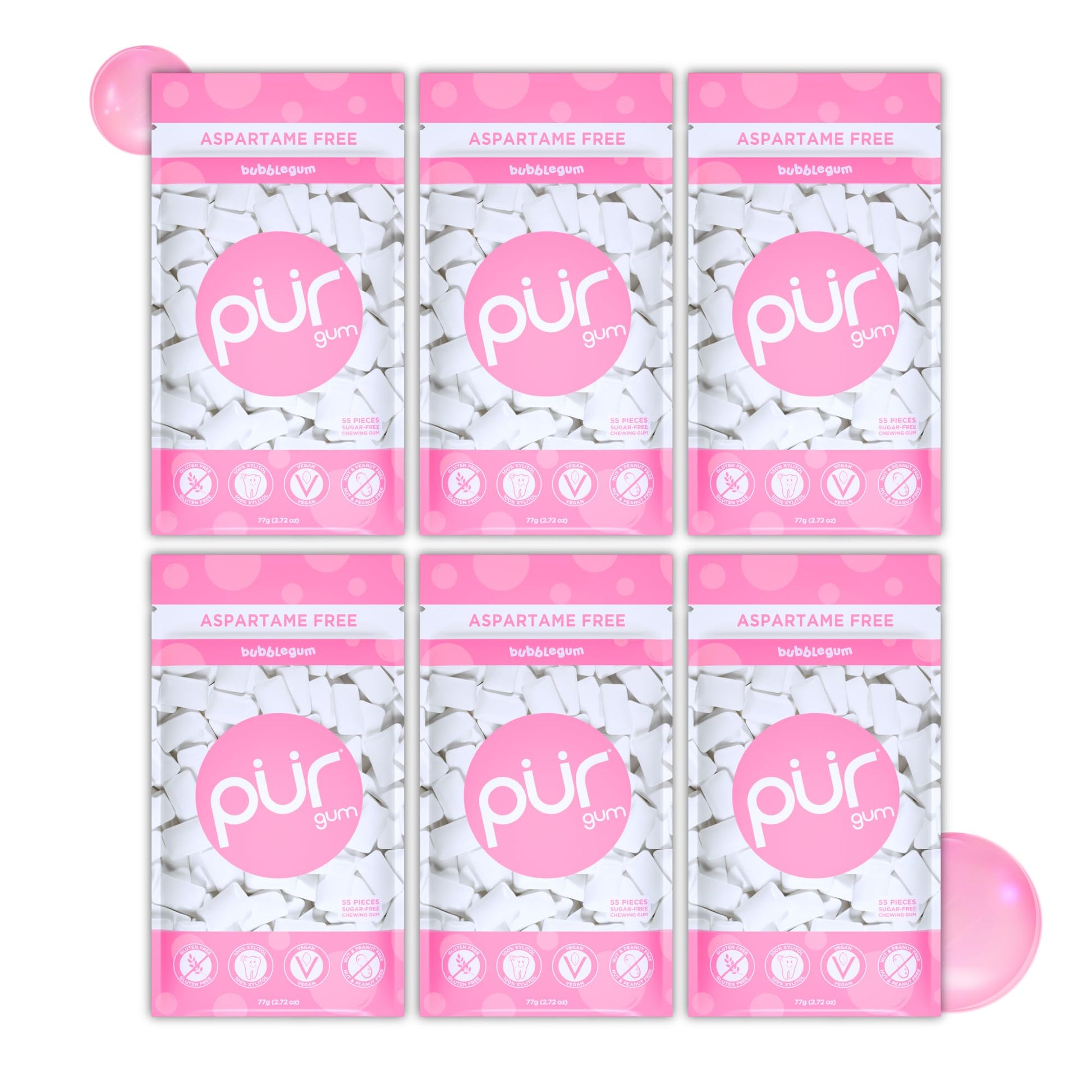 Pur Gum | Aspartame Free Chewing Gum | 100% Xylitol | Natural Bubblegum Flavored Gum, 55 Pieces (Pack Of 6)