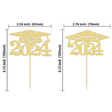 Gyufise 24Pcs Gold Glitter 2024 Graduation Cupcake Toppers Class Of 2024 Grad Cap Cake Picks Decorations For So Proud Of You 202