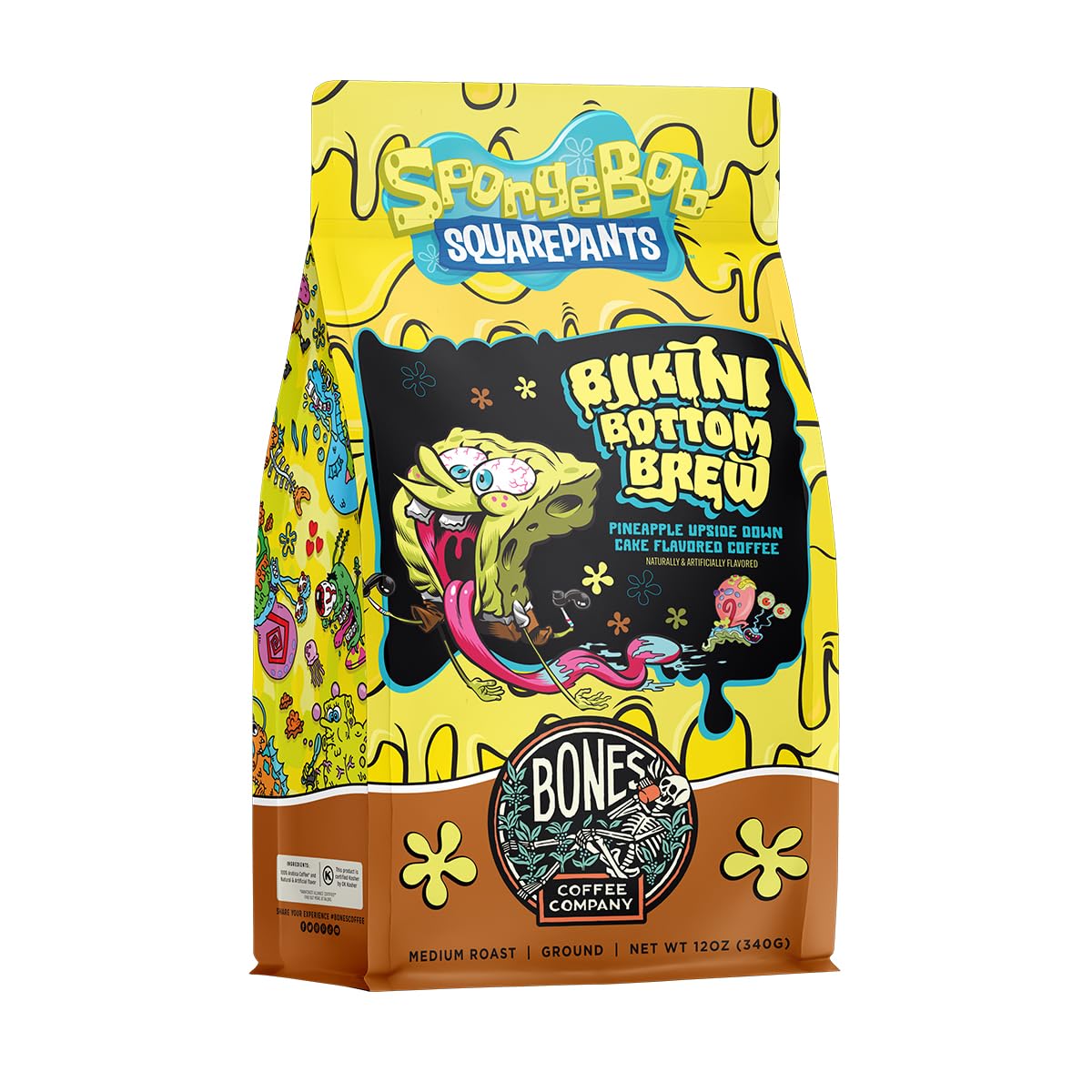 Bones Coffee Company Bikini Bottom Brew Ground Coffee Beans Beans Pineapple Upside Down Cake Flavor, Low Acid Flavored Coffee Made With Arabica Beans, Medium Roast Coffee Inspired By Spongebob (12 Oz)
