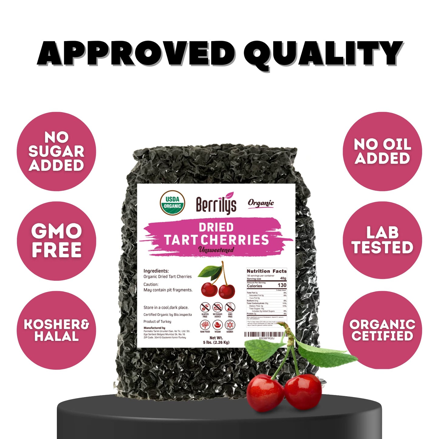 Berrilys Organic Unsweetened Dried Tart Cherries, 5 lb, Dark Red, Non-GMO, Vegan, Perfect for Baking and Snacking