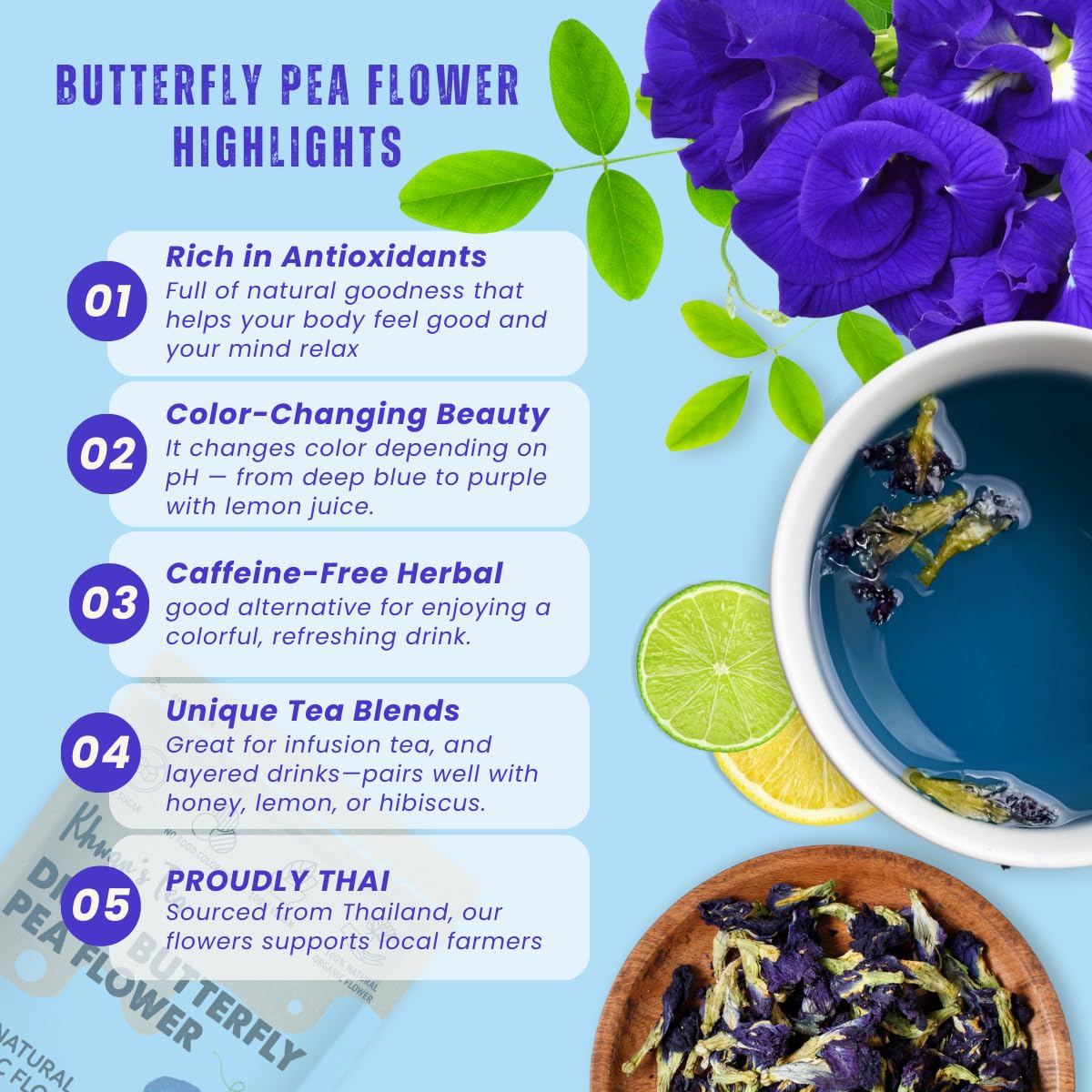 KHWANS TEA Butterfly Pea Flower Tea - Herbal, Caffeine-Free, 1.80 Ounce (50g) Pack