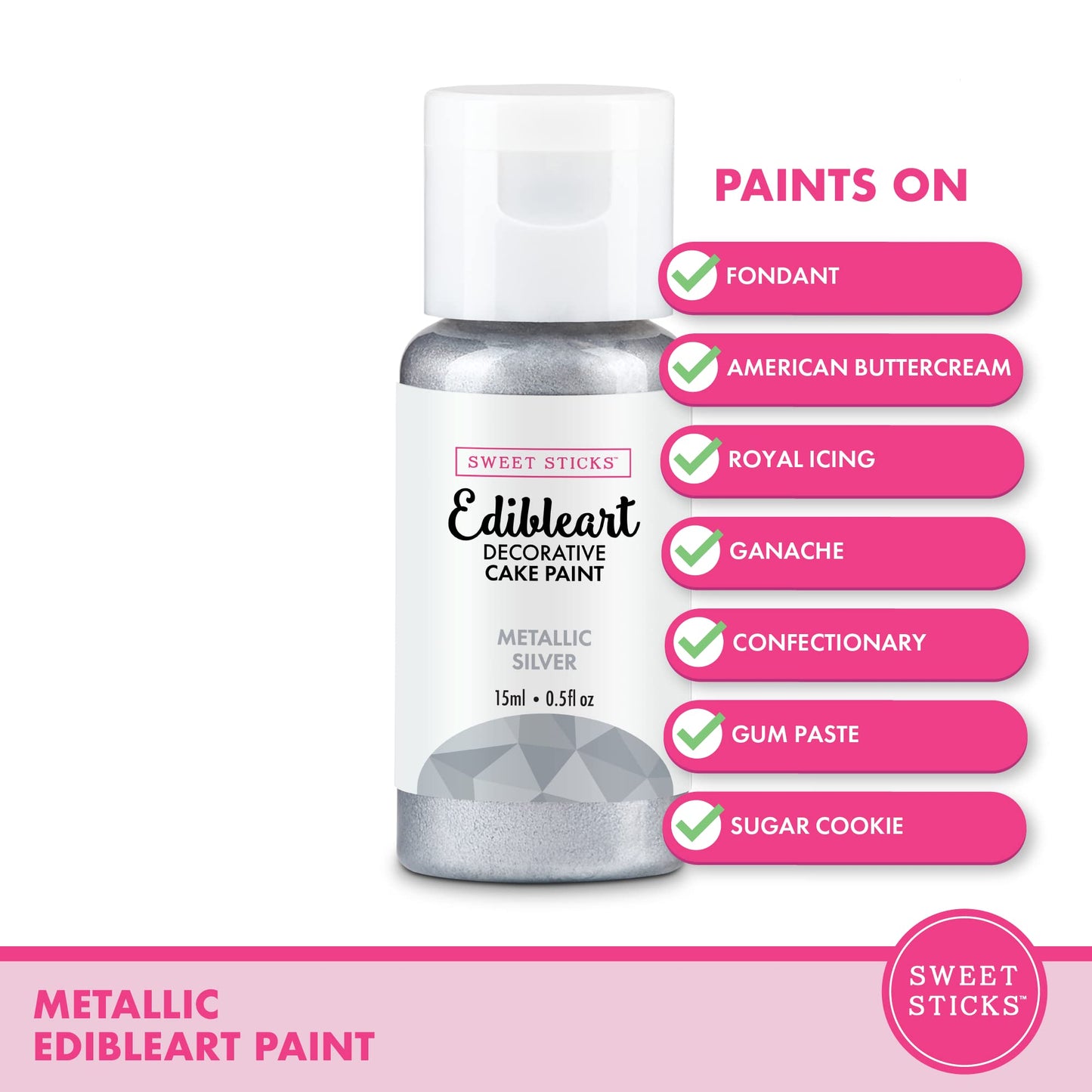 SWEET STICKS Edible Art Cake Paint, Metallic Silver, 0.5 Fl Oz (15ml)