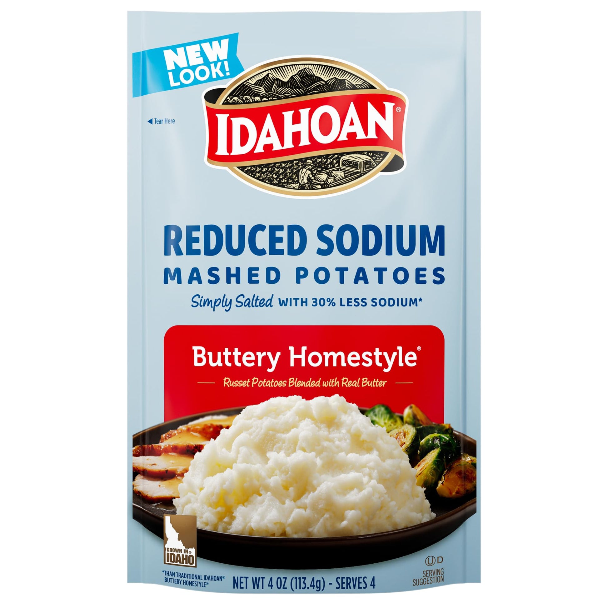 Idahoan Reduced Sodium Mashed Potatoes, Buttery Homestyle, 4 Ounce (Pack of 12)