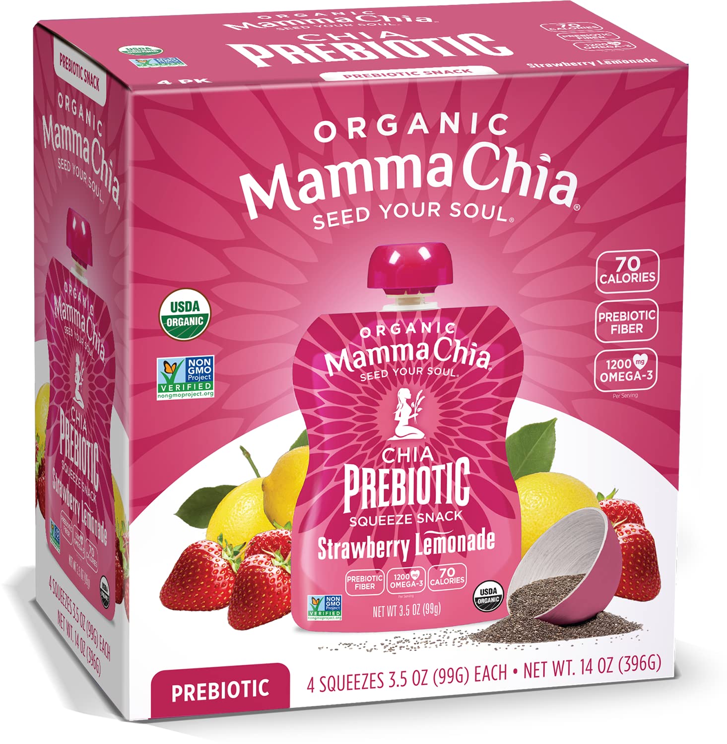 Mamma Chia Strawberry Lemonade Organic Prebiotic Squeeze Snack, Non Gmo, No Added Sugar, 14 Ounces (Pack Of 6)