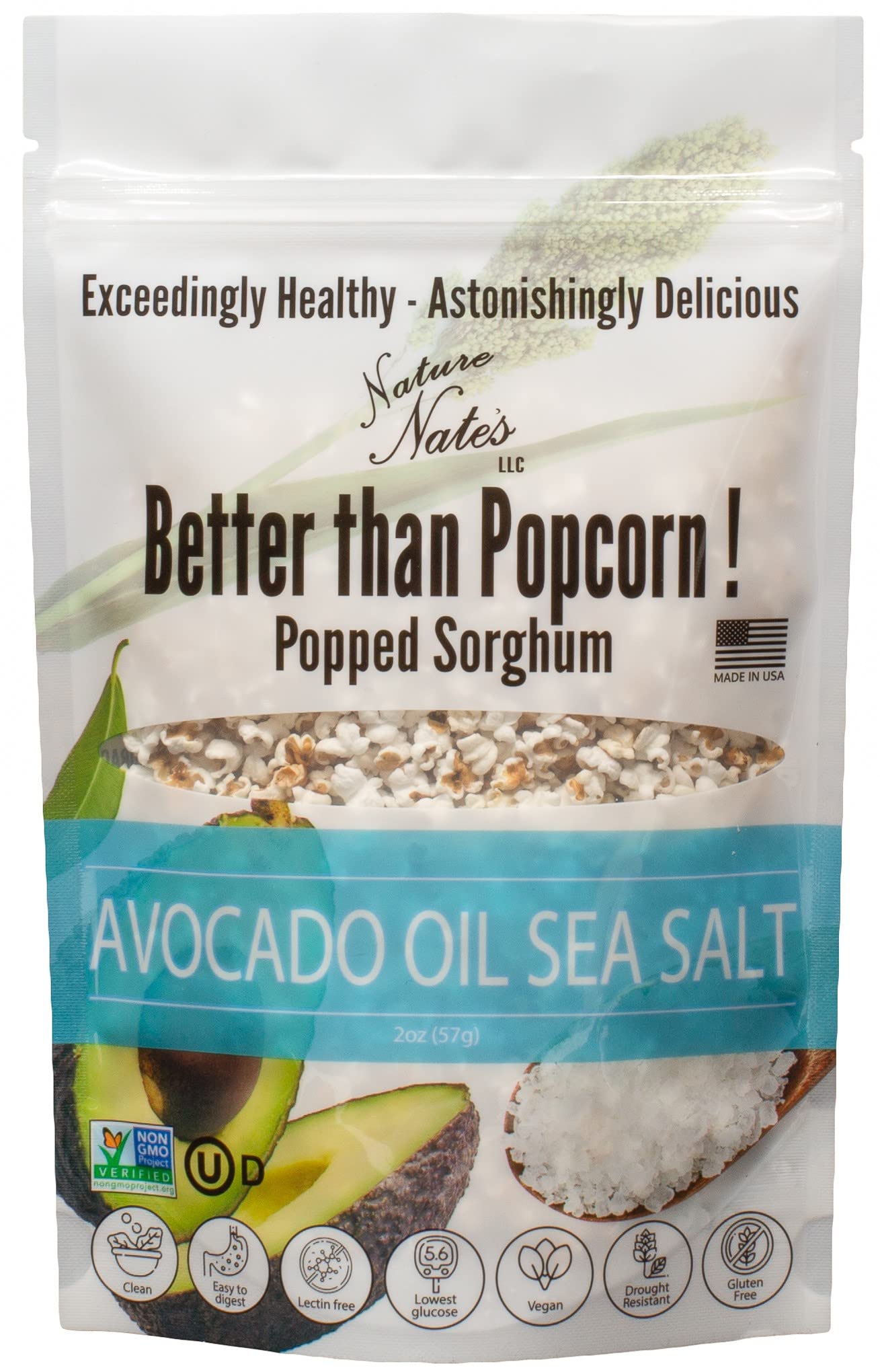 Nature Nate’s Popped Sorghum - Organic Avocado Oil Sea Salt Snacks, Keto & Gluten Free, 12 Ounce (Pack of 1)