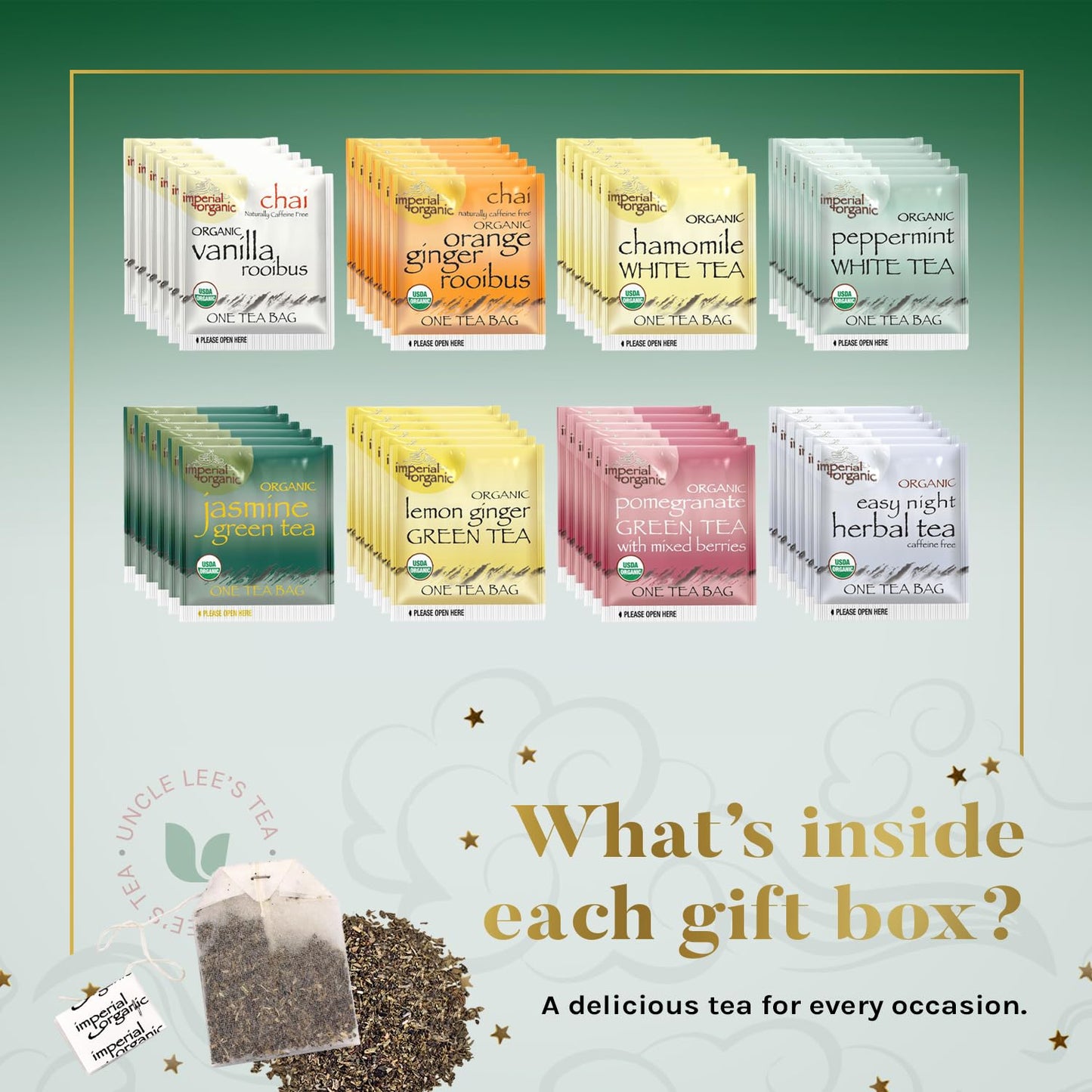 Uncle Lees Organic Tea Variety Gift Set - 8 Teas (6 Bags Each) in Premium Gift Box, 48 Count, Model: cop-001