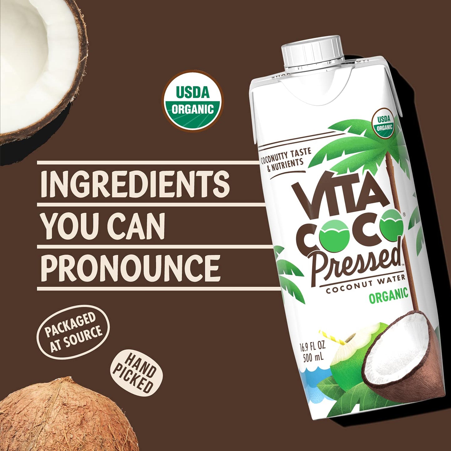 Vita Coco Organic Coconut Water, Pressed, More ''Coconutty'' Flavor, Natural Electrolytes, Vital Nutrients, 16.9 Fl Oz (Pack of