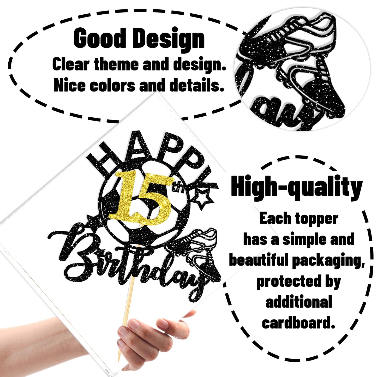 Aeryourtar Glitter Soccer Cake Topper, 15th Birthday Party Decorations, Paper, Soccer Theme, Boy Girl