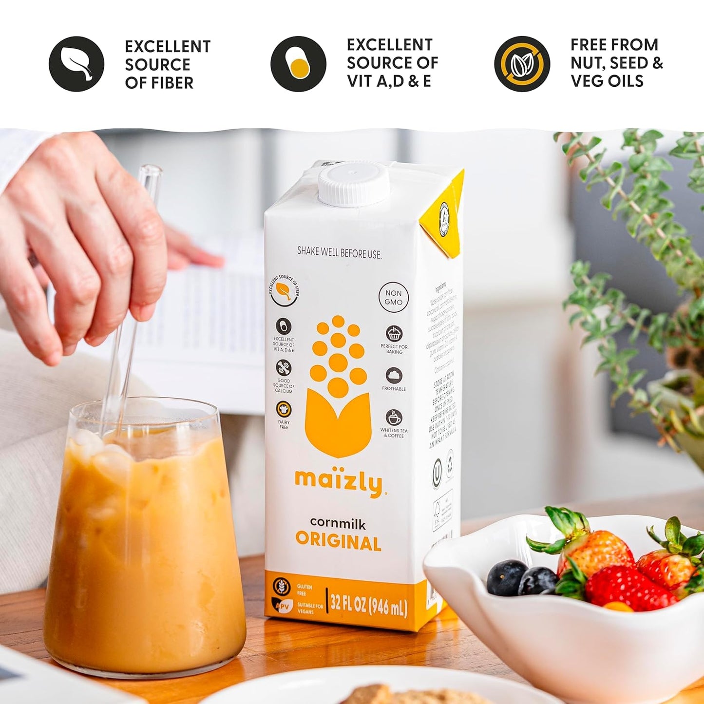 Maizly Original Corn Milk, Plant-Based Drink Made with Non-GMO Ingredients, Less Sugar, Gluten & Dairy-Free Alternative to Whole