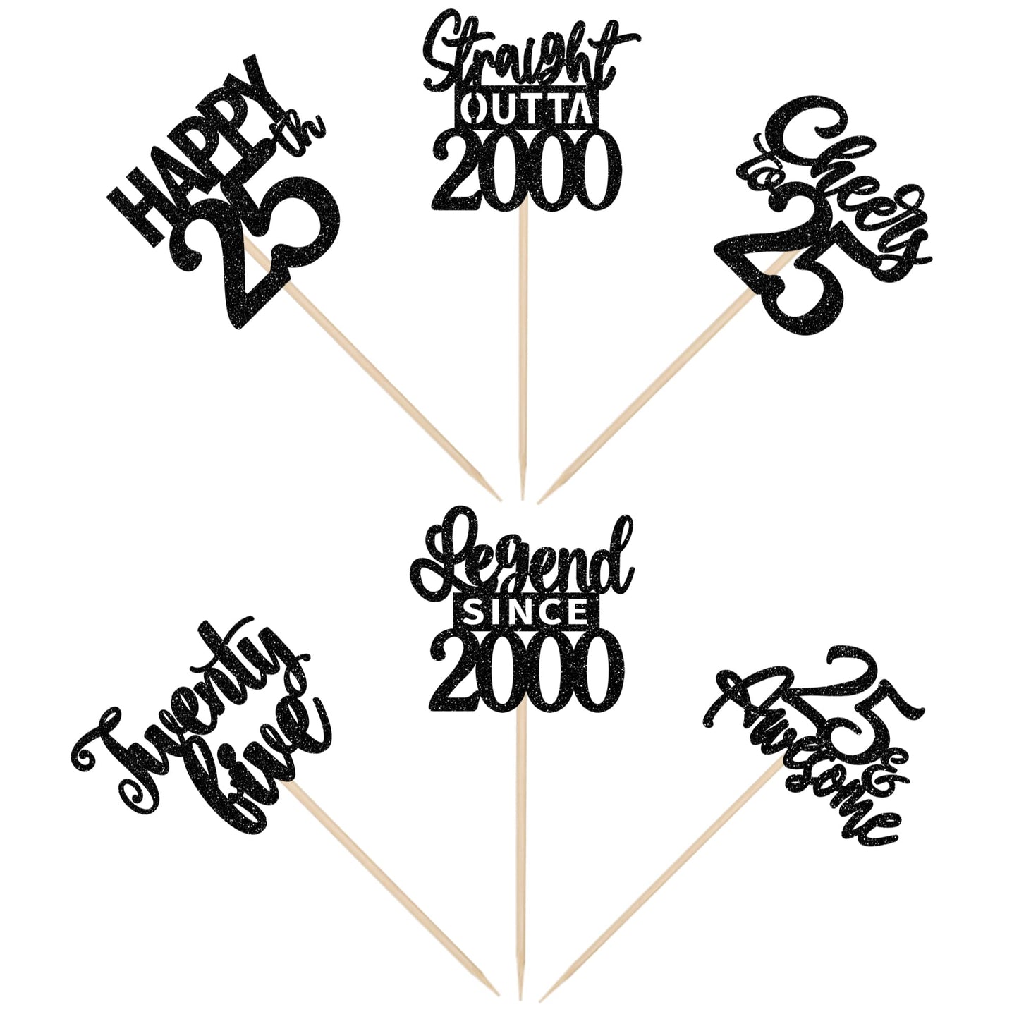 24Pcs Black Happy 25Th Birthday Cupcake Toppers Twenty Five Straight Outta 2000 Cupcake Picks Cheers To 25 Lengend Since 2000 Ca